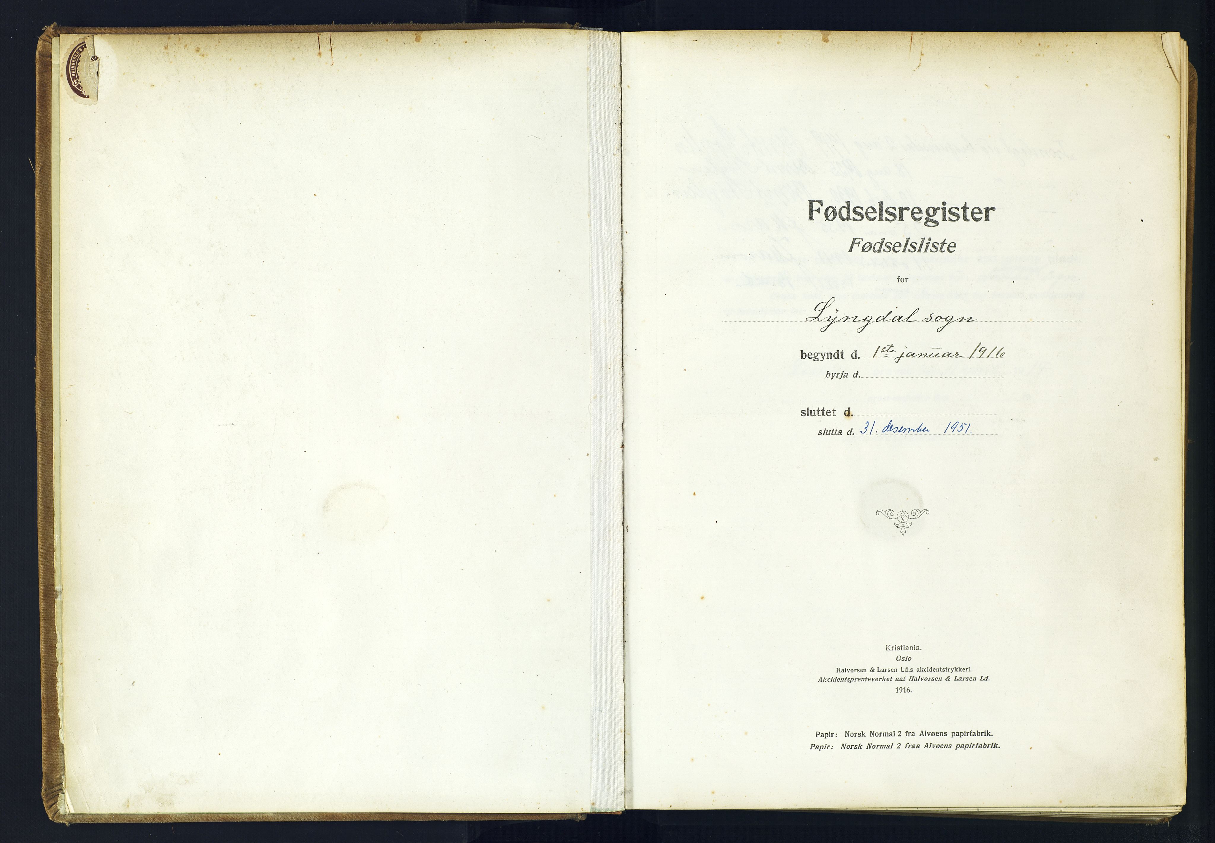 Lyngdal sokneprestkontor, AV/SAK-1111-0029/J/Ja/L0001: Birth register no. A-VI-26, 1916-1951
