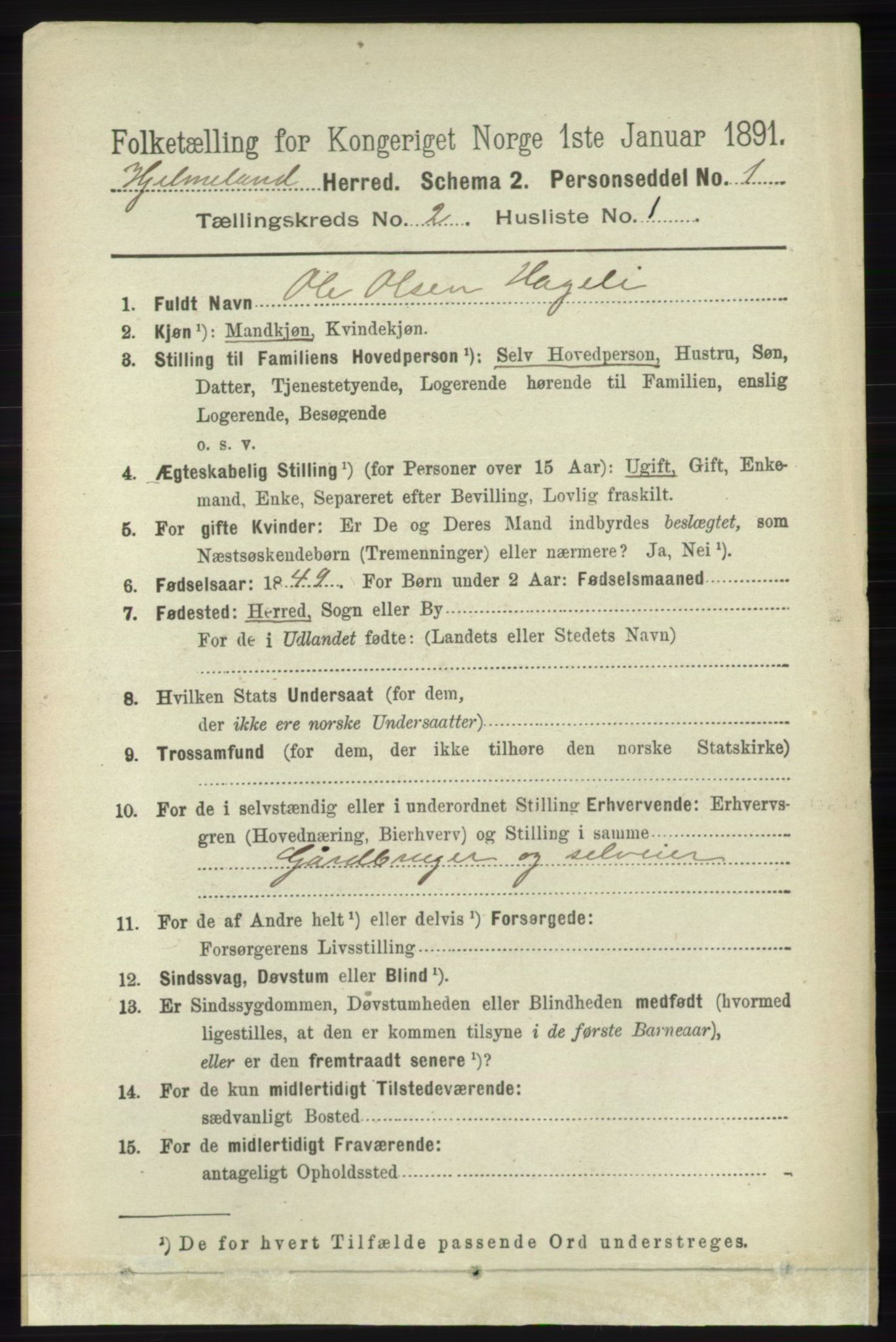 RA, 1891 census for 1133 Hjelmeland, 1891, p. 384