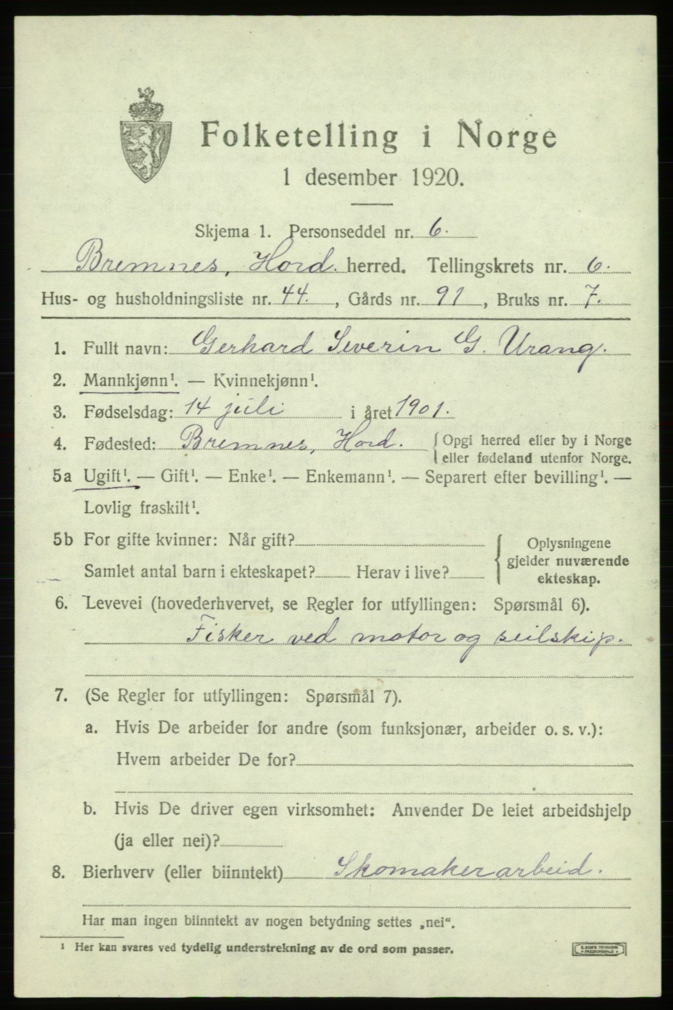 SAB, 1920 census for Bremnes, 1920, p. 3838