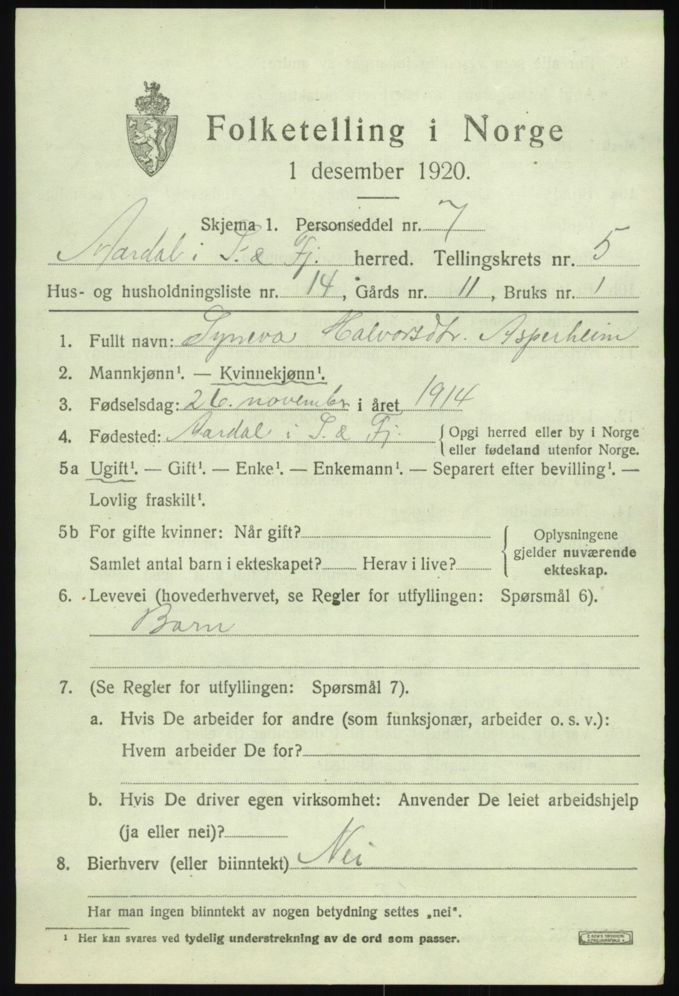 SAB, 1920 census for Årdal, 1920, p. 2973