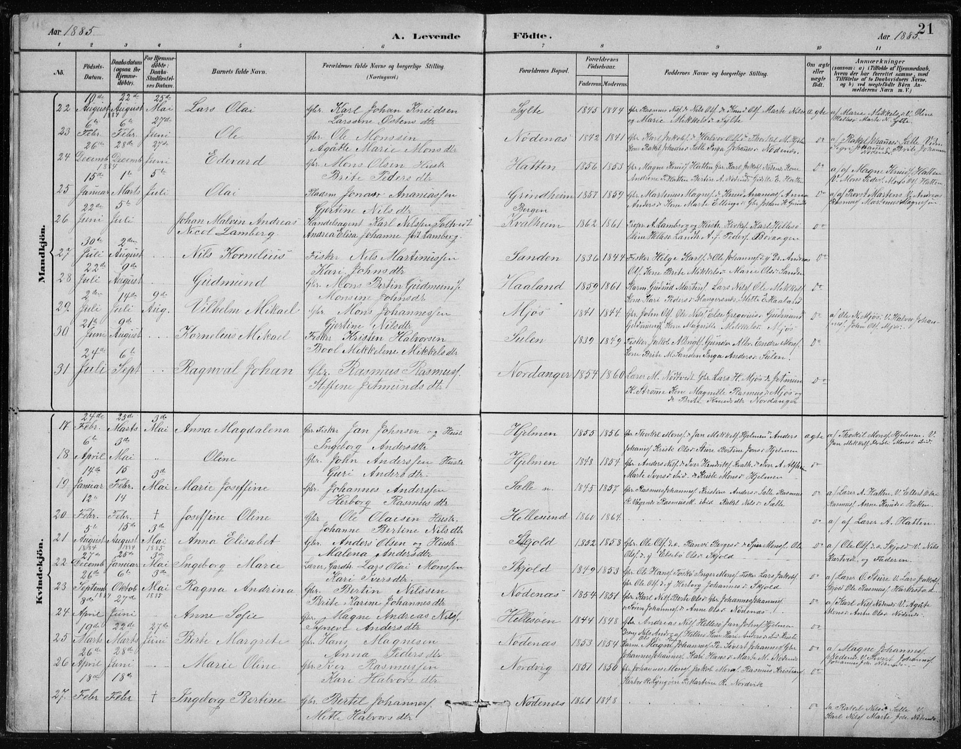 Manger sokneprestembete, SAB/A-76801/H/Hab: Parish register (copy) no. B 2, 1882-1890, p. 21