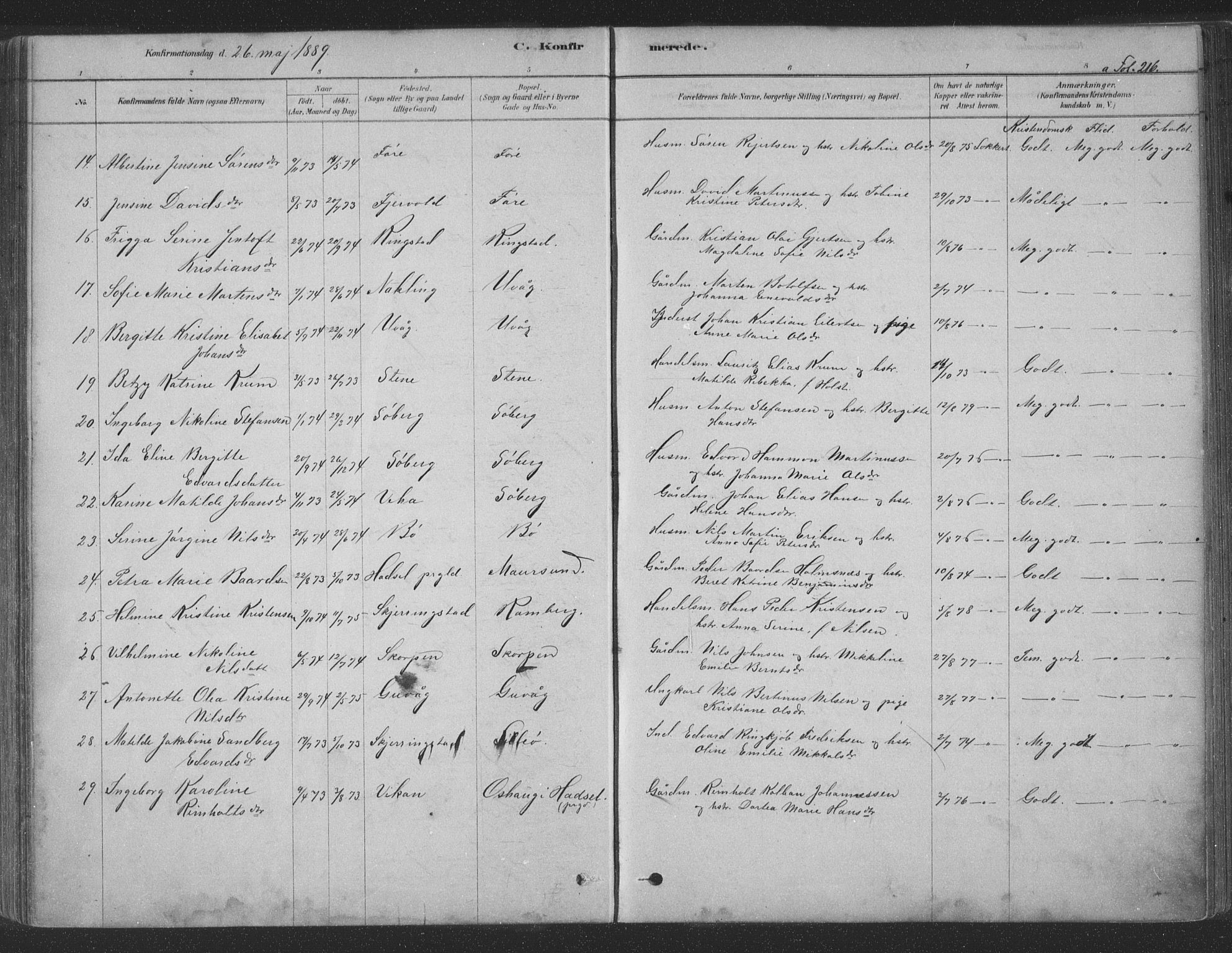 Ministerialprotokoller, klokkerbøker og fødselsregistre - Nordland, AV/SAT-A-1459/891/L1302: Parish register (official) no. 891A07, 1878-1895, p. 216