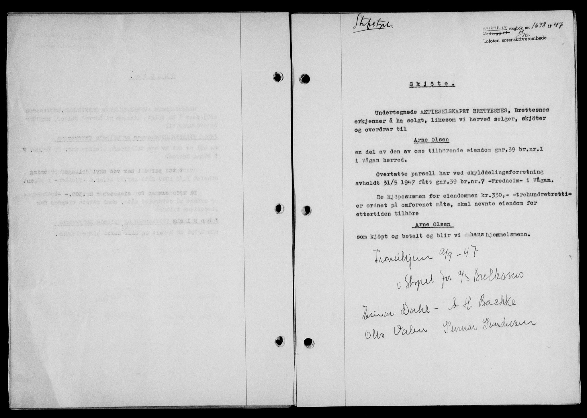 Lofoten sorenskriveri, SAT/A-0017/1/2/2C/L0017a: Mortgage book no. 17a, 1947-1948, Diary no: : 1678/1947
