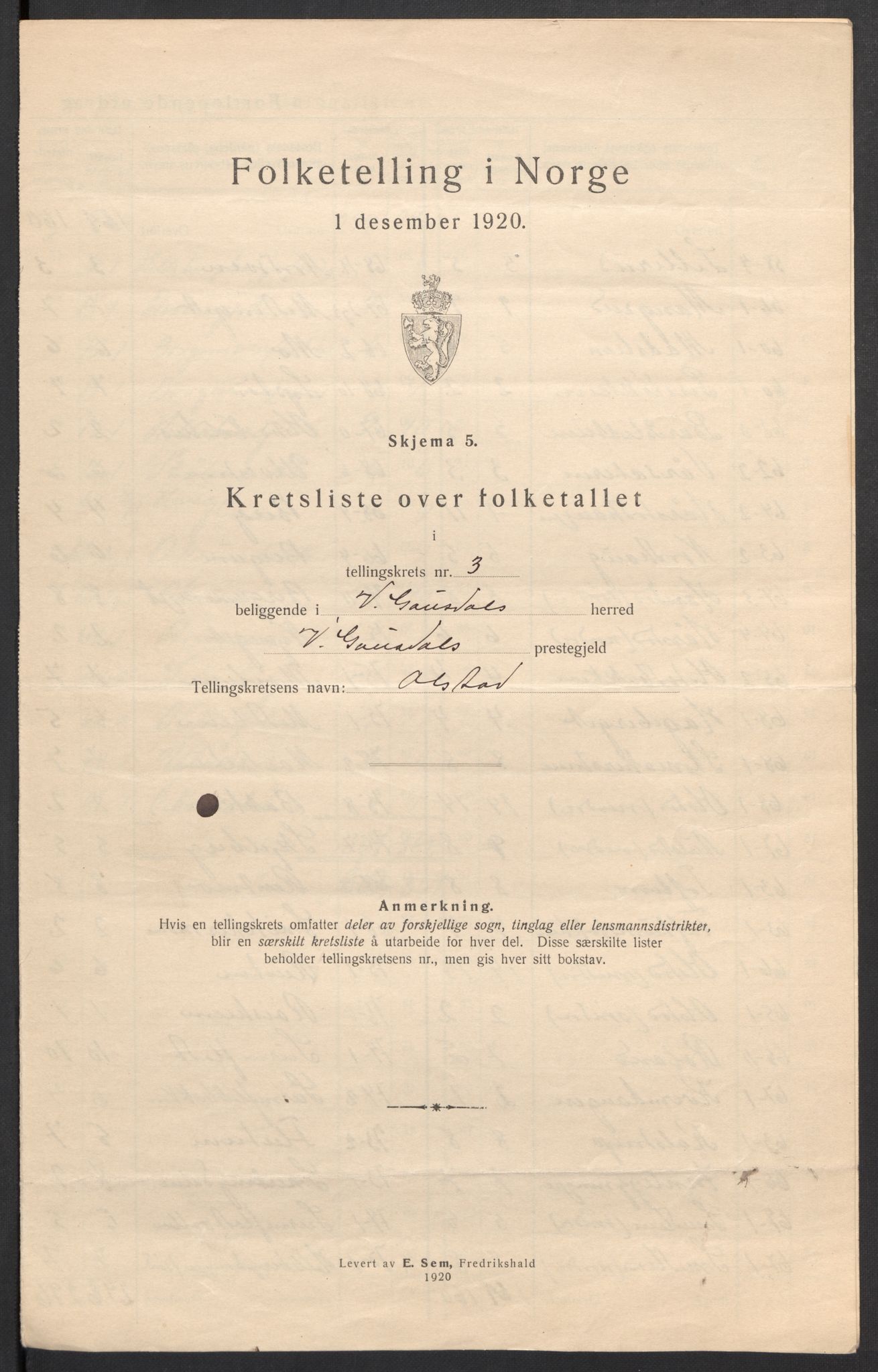 SAH, 1920 census for Vestre Gausdal, 1920, p. 12