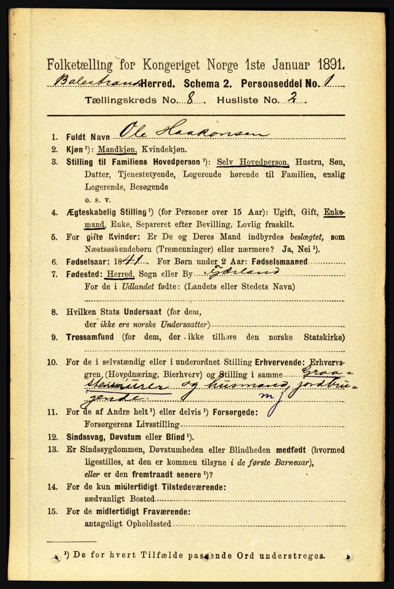 RA, 1891 census for 1418 Balestrand, 1891, p. 1739