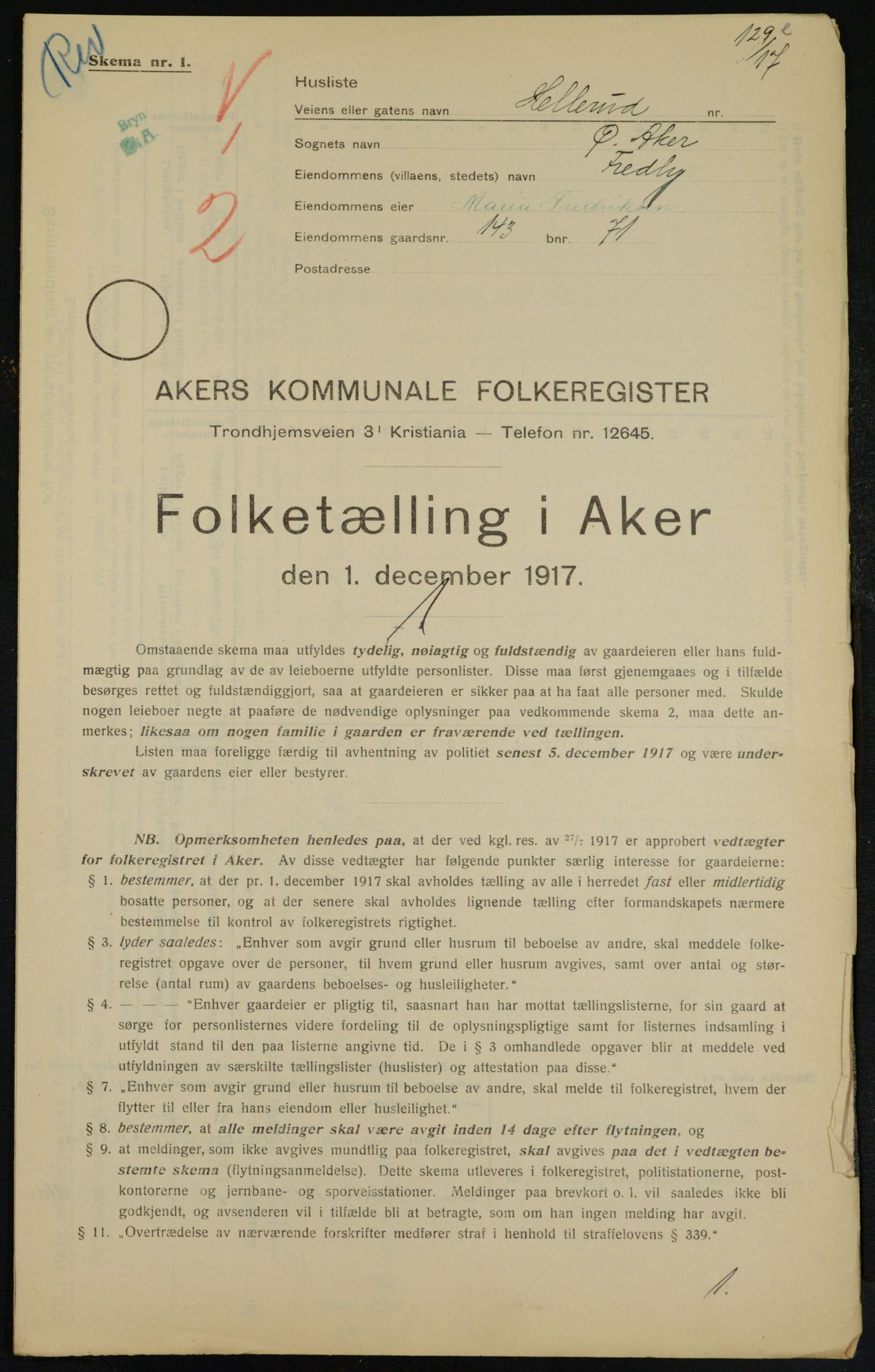 OBA, Municipal Census 1917 for Aker, 1917, p. 27263