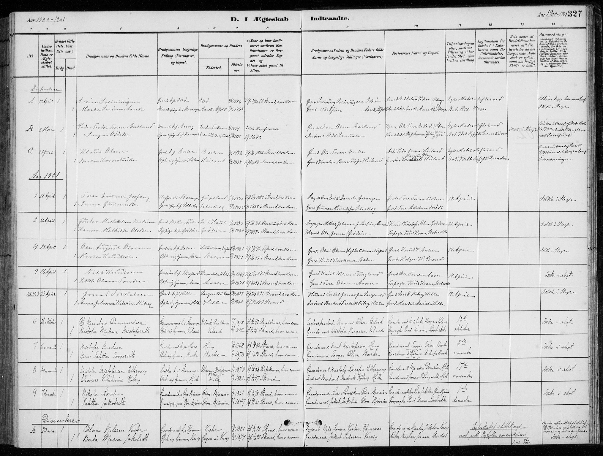 Strand sokneprestkontor, SAST/A-101828/H/Ha/Hab/L0004: Parish register (copy) no. B 4, 1878-1903, p. 327