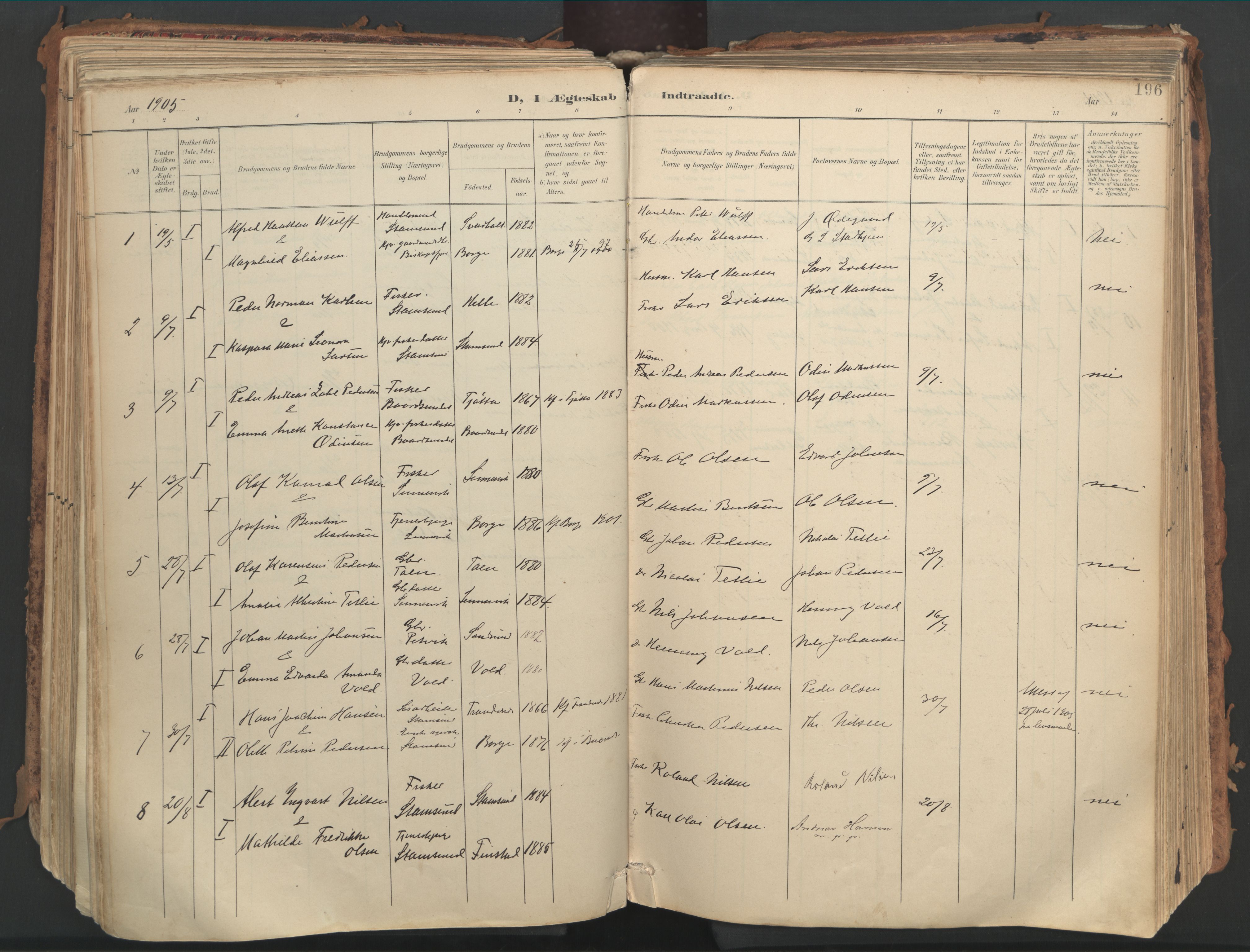 Ministerialprotokoller, klokkerbøker og fødselsregistre - Nordland, SAT/A-1459/882/L1180: Parish register (official) no. 882A02, 1897-1913, p. 196