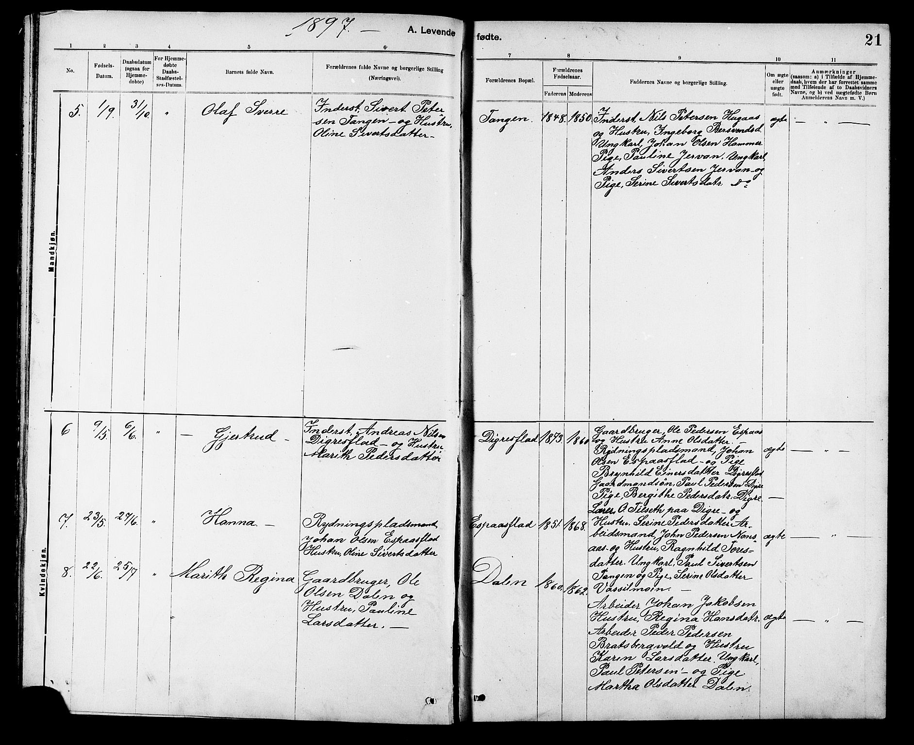 Ministerialprotokoller, klokkerbøker og fødselsregistre - Sør-Trøndelag, AV/SAT-A-1456/608/L0341: Parish register (copy) no. 608C07, 1890-1912, p. 21