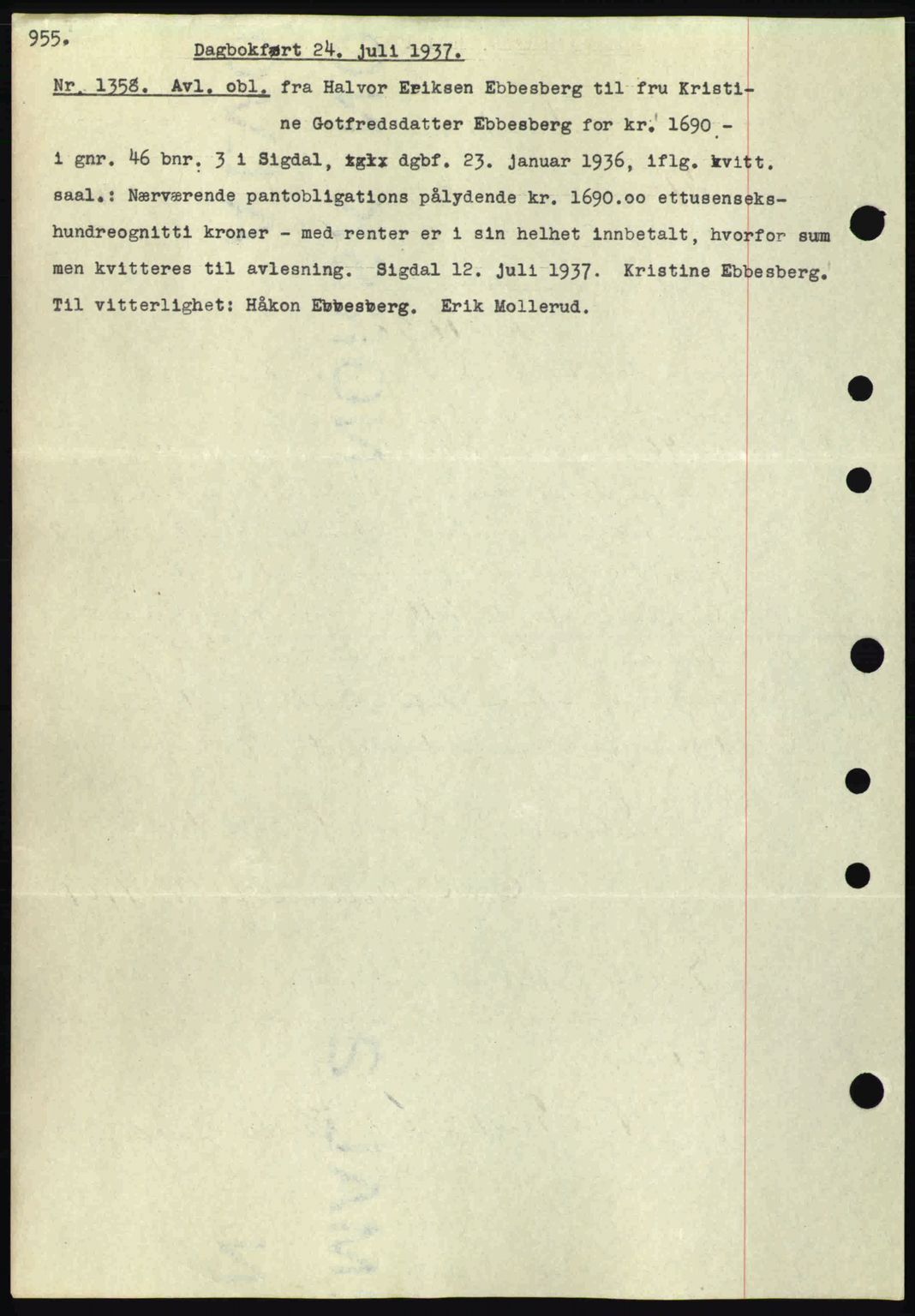 Eiker, Modum og Sigdal sorenskriveri, SAKO/A-123/G/Ga/Gab/L0035: Mortgage book no. A5, 1937-1937, Diary no: : 1538/1937