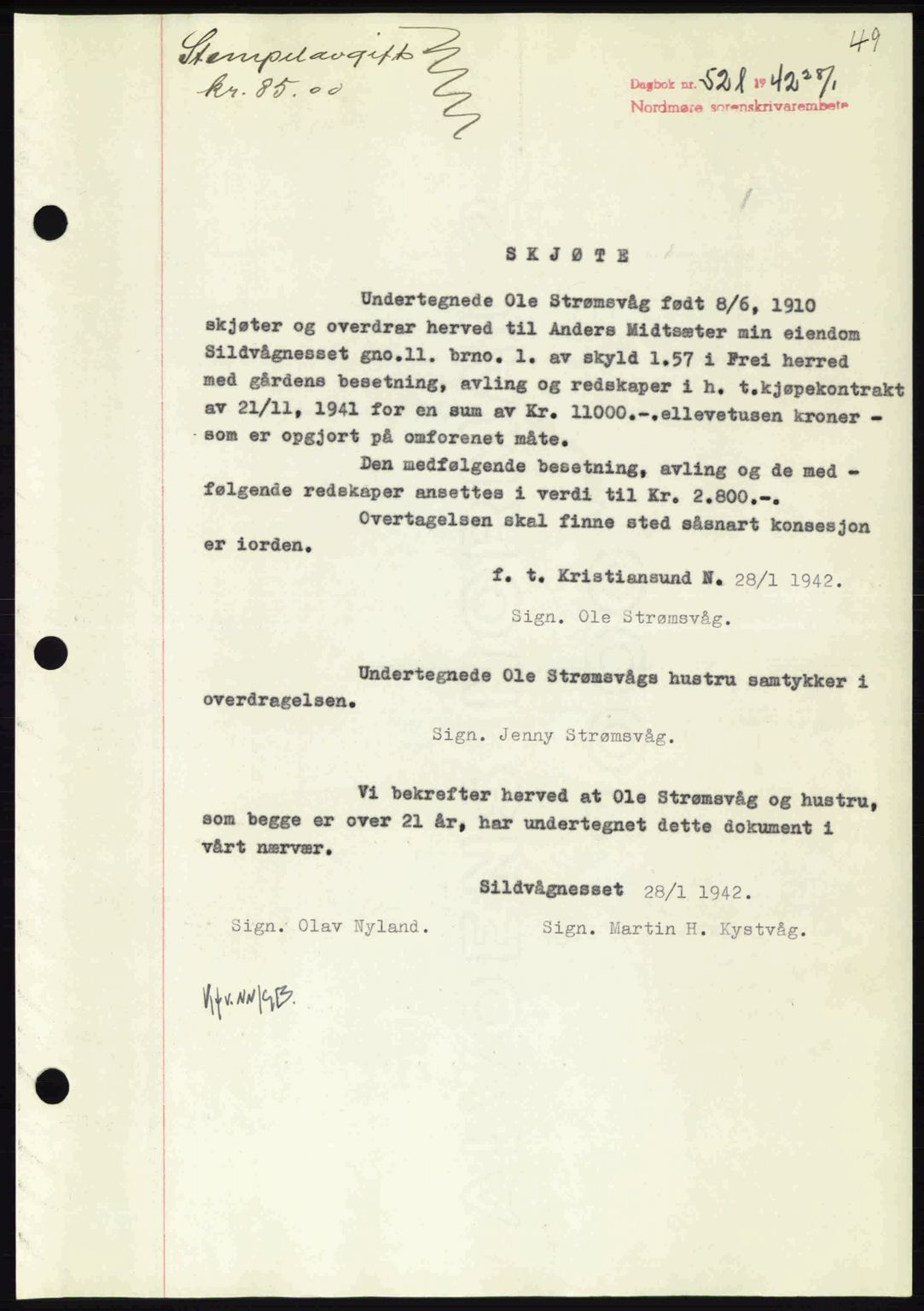 Nordmøre sorenskriveri, AV/SAT-A-4132/1/2/2Ca: Mortgage book no. A92, 1942-1942, Diary no: : 521/1942