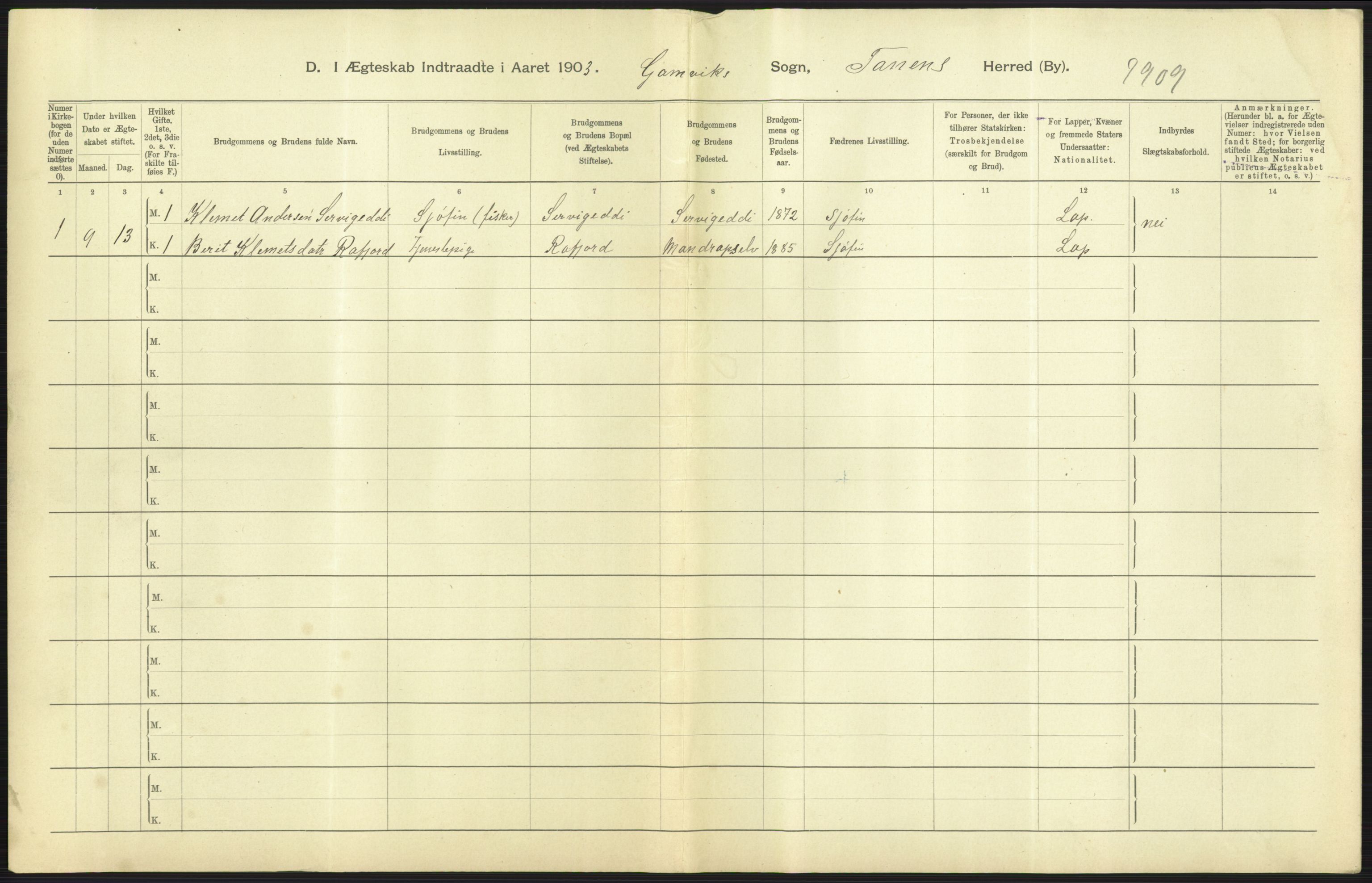 Statistisk sentralbyrå, Sosiodemografiske emner, Befolkning, AV/RA-S-2228/D/Df/Dfa/Dfaa/L0022: Finnmarkens amt: Fødte, gifte, døde., 1903, p. 185