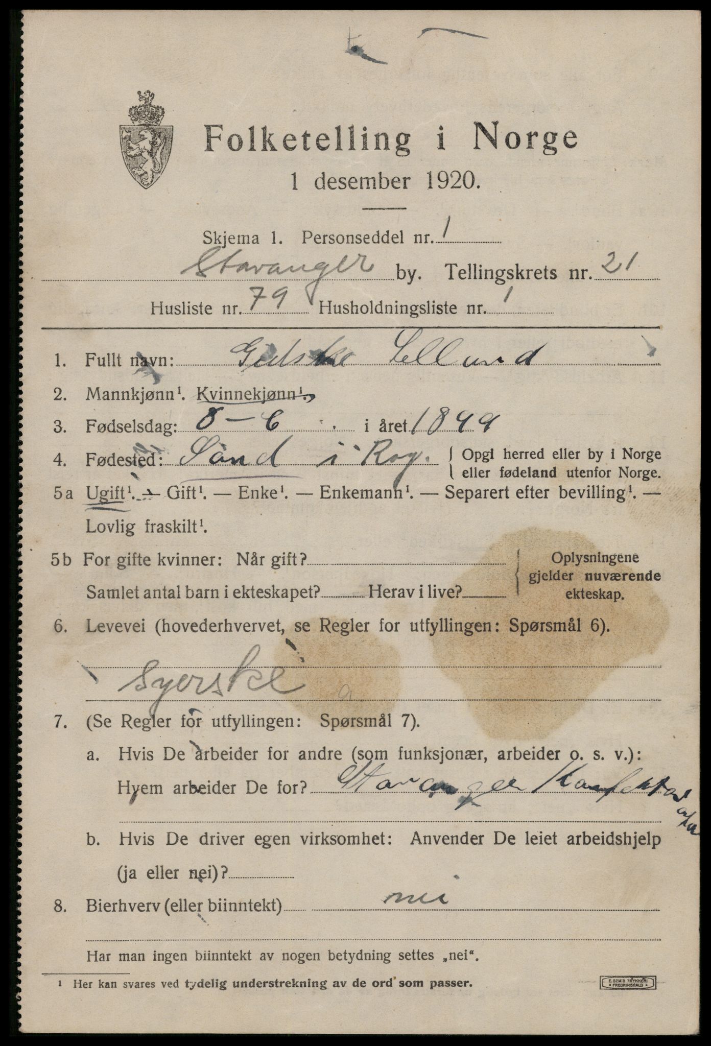 SAST, 1920 census for Stavanger, 1920, p. 73130