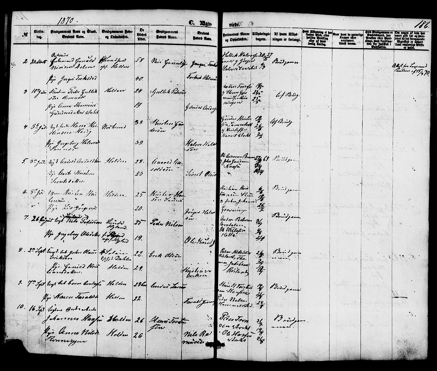 Holla kirkebøker, SAKO/A-272/F/Fa/L0007: Parish register (official) no. 7, 1869-1881, p. 186