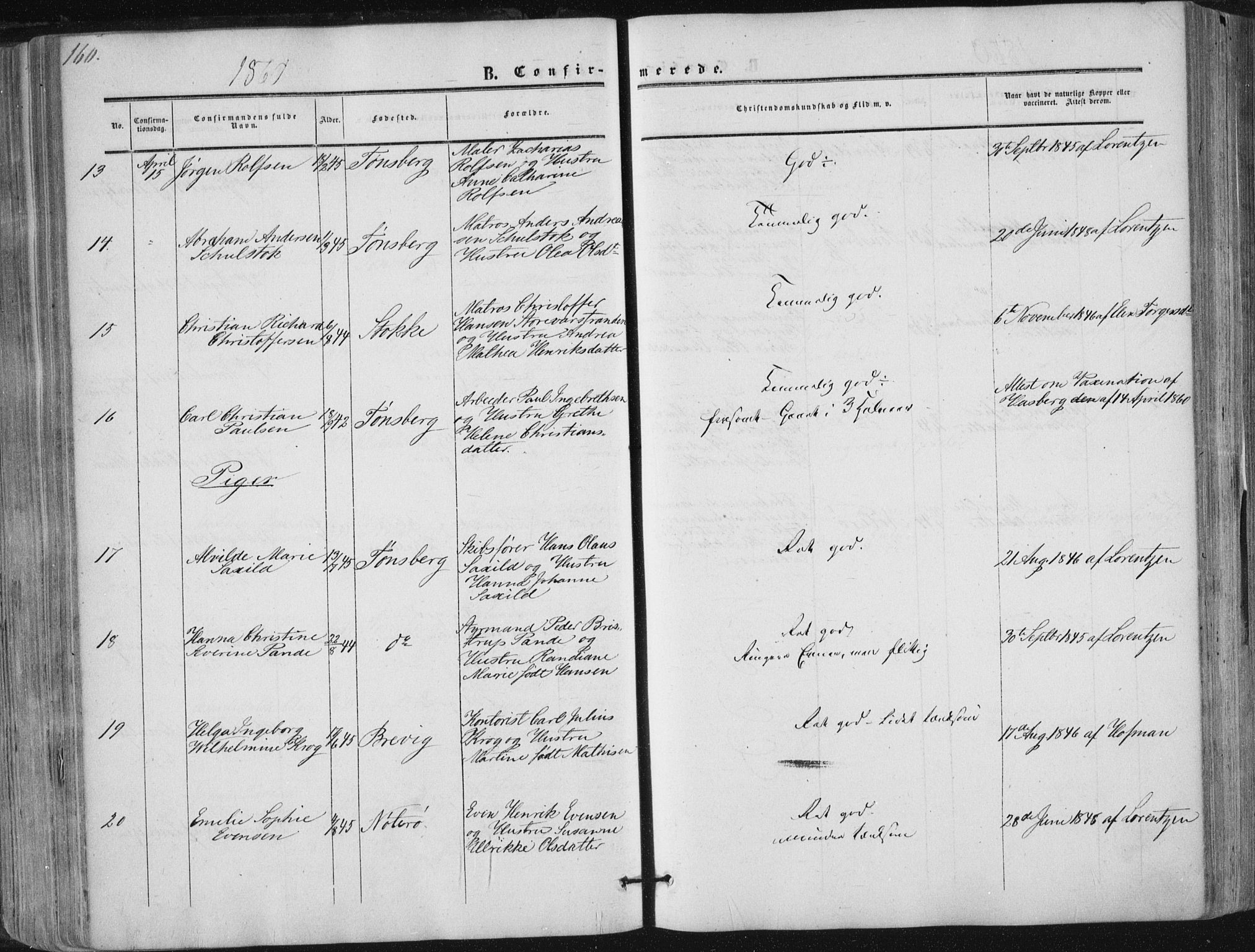 Tønsberg kirkebøker, AV/SAKO-A-330/F/Fa/L0008: Parish register (official) no. I 8, 1855-1864, p. 160