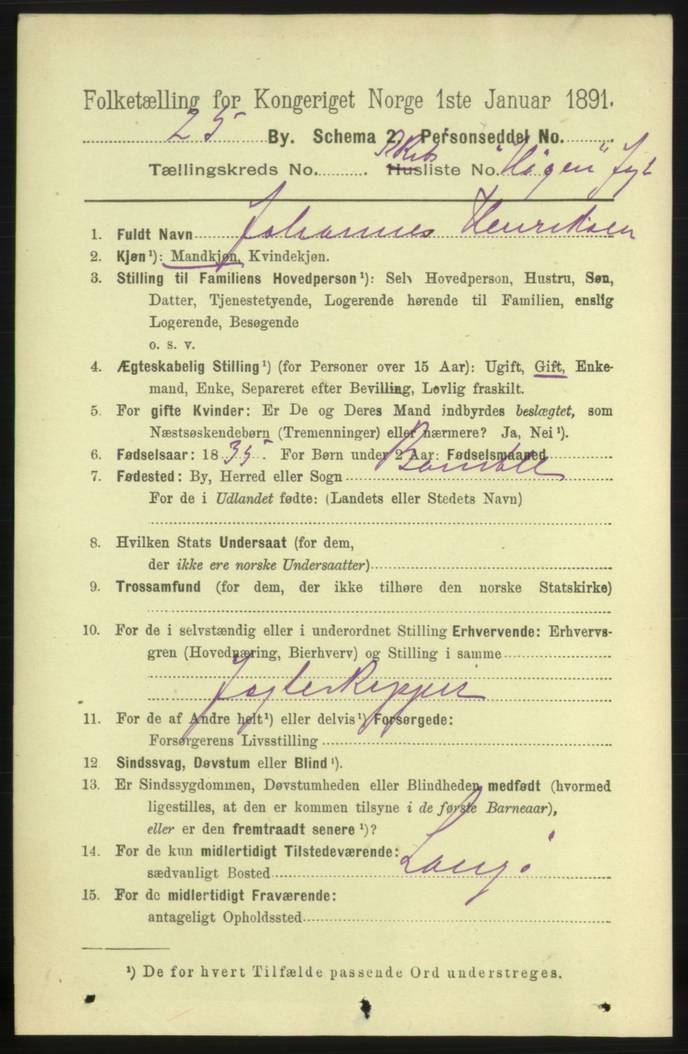 RA, 1891 census for 0801 Kragerø, 1891, p. 7639