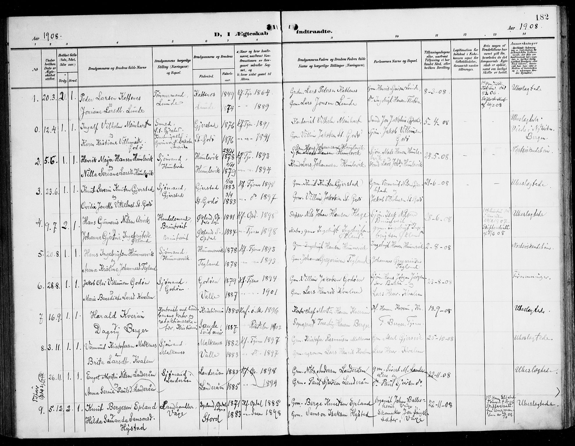 Tysnes sokneprestembete, SAB/A-78601/H/Haa: Parish register (official) no. B 2, 1907-1925, p. 182