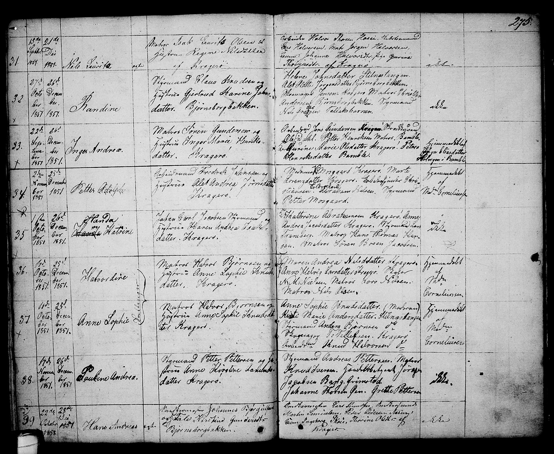 Kragerø kirkebøker, AV/SAKO-A-278/G/Ga/L0003: Parish register (copy) no. 3, 1832-1852, p. 275