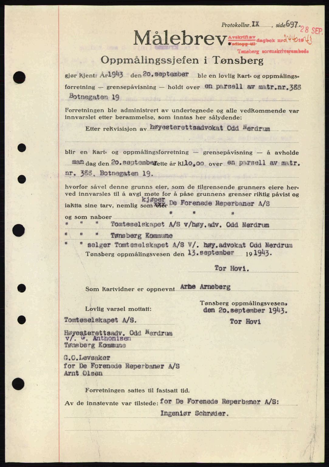 Tønsberg sorenskriveri, AV/SAKO-A-130/G/Ga/Gaa/L0014: Mortgage book no. A14, 1943-1944, Diary no: : 2440/1943