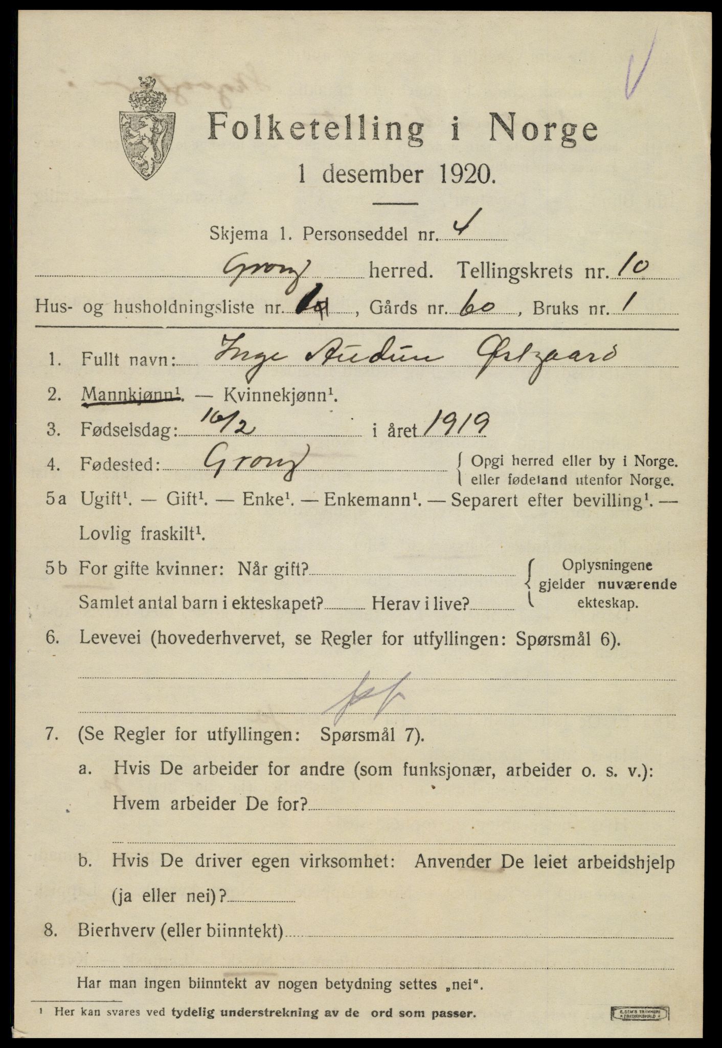 SAT, 1920 census for Grong, 1920, p. 5591