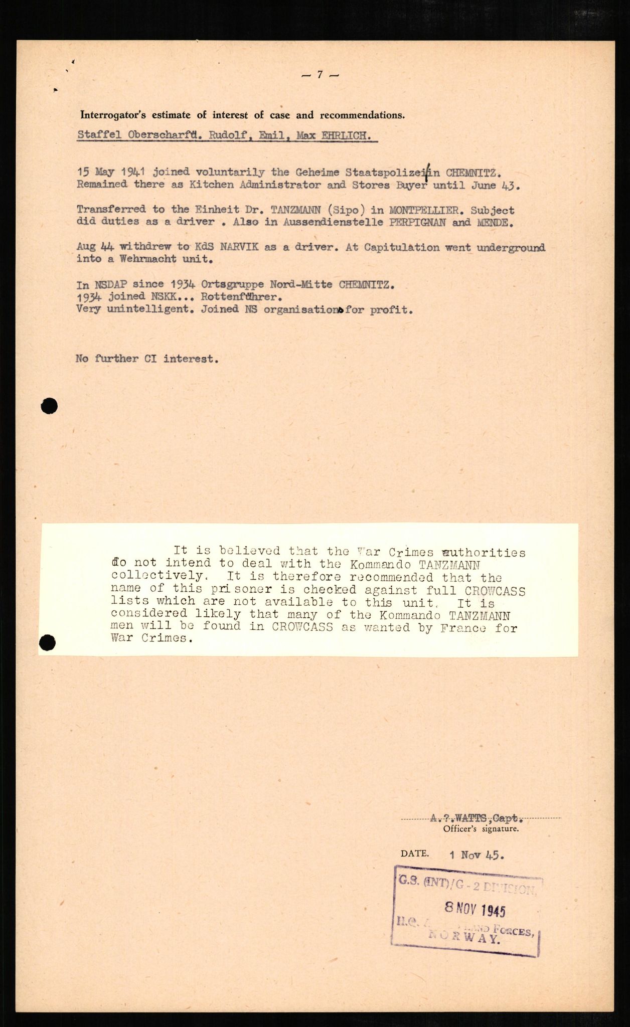 Forsvaret, Forsvarets overkommando II, RA/RAFA-3915/D/Db/L0007: CI Questionaires. Tyske okkupasjonsstyrker i Norge. Tyskere., 1945-1946, p. 87