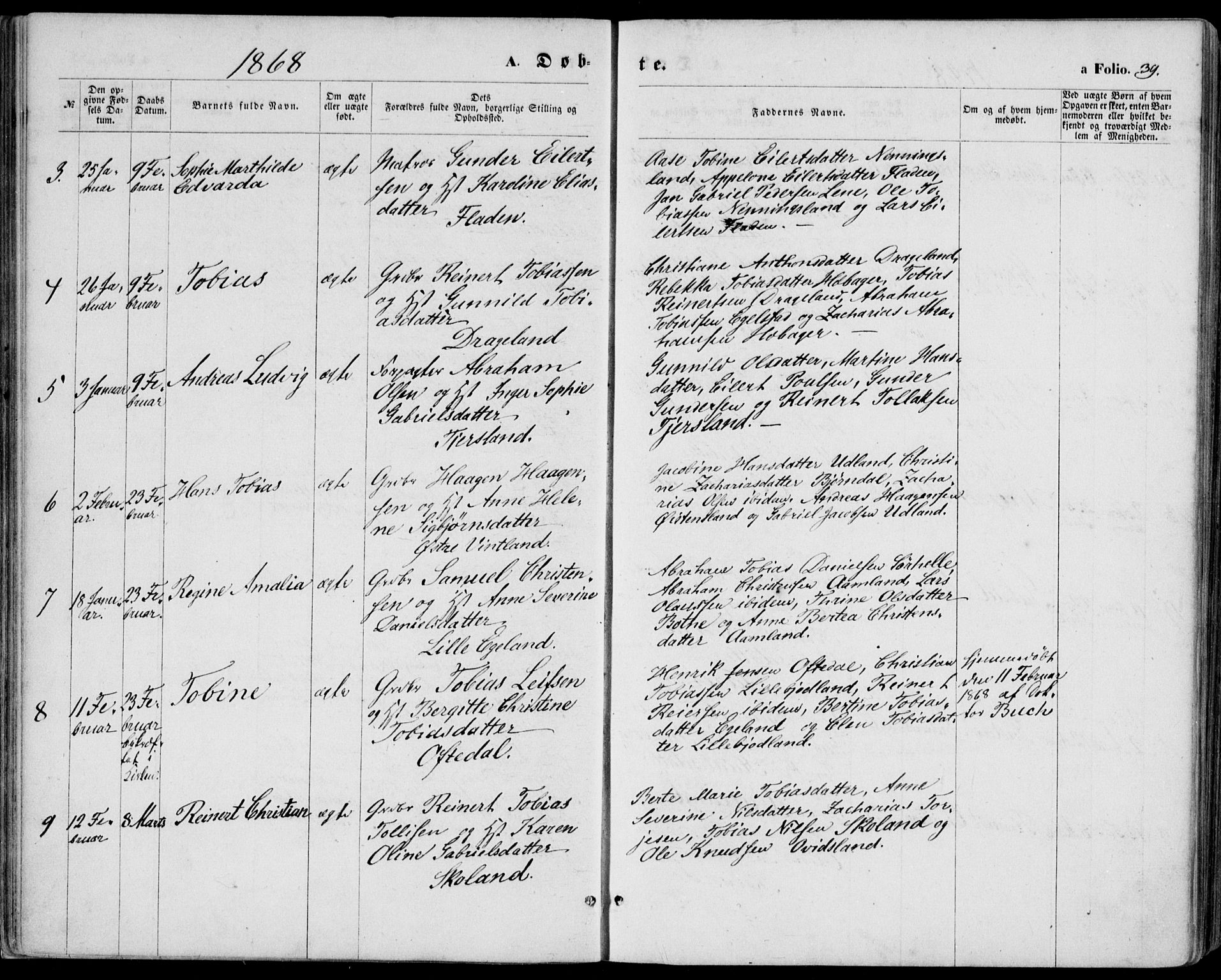 Lyngdal sokneprestkontor, AV/SAK-1111-0029/F/Fa/Fac/L0010: Parish register (official) no. A 10, 1865-1878, p. 39