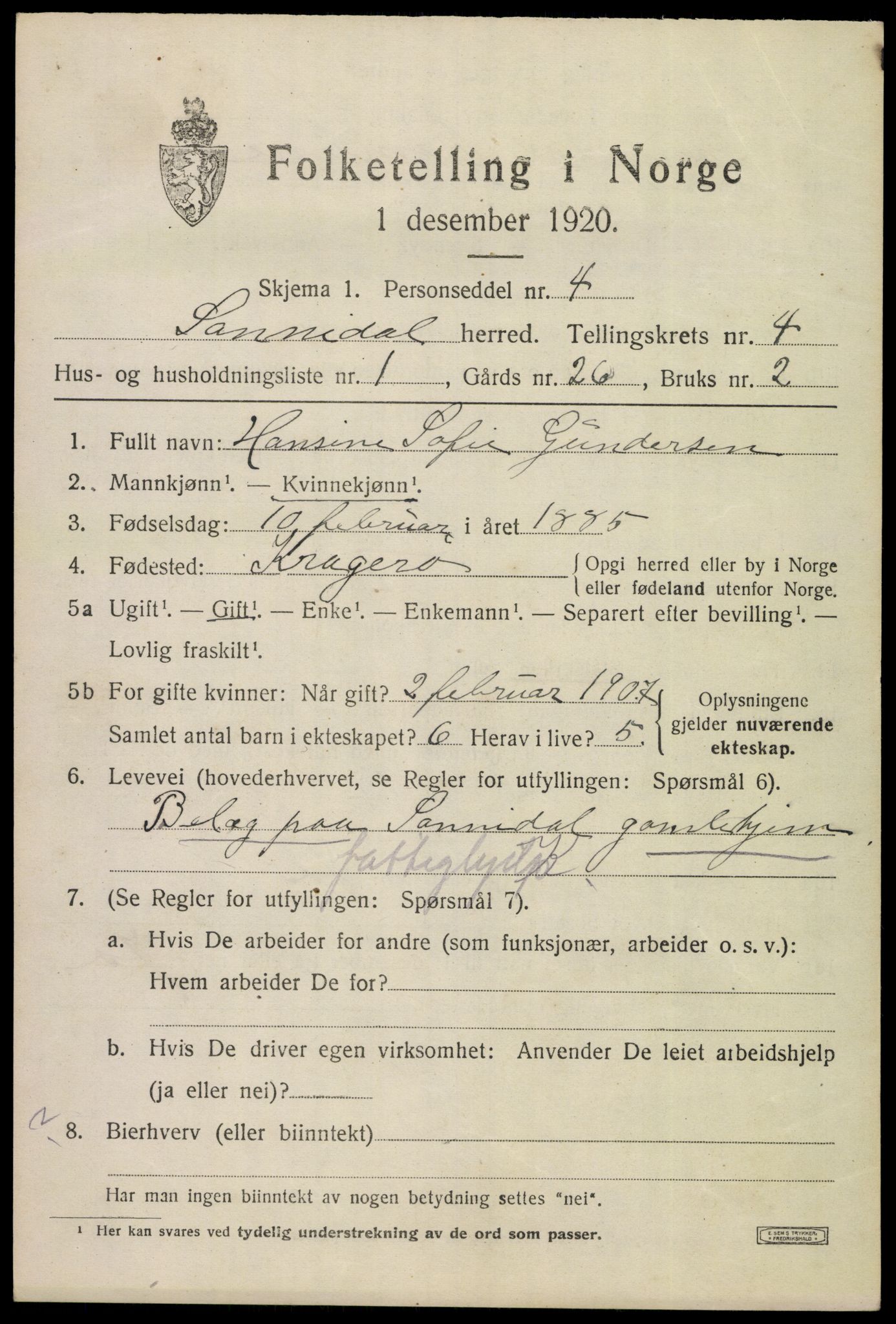 SAKO, 1920 census for Sannidal, 1920, p. 3347