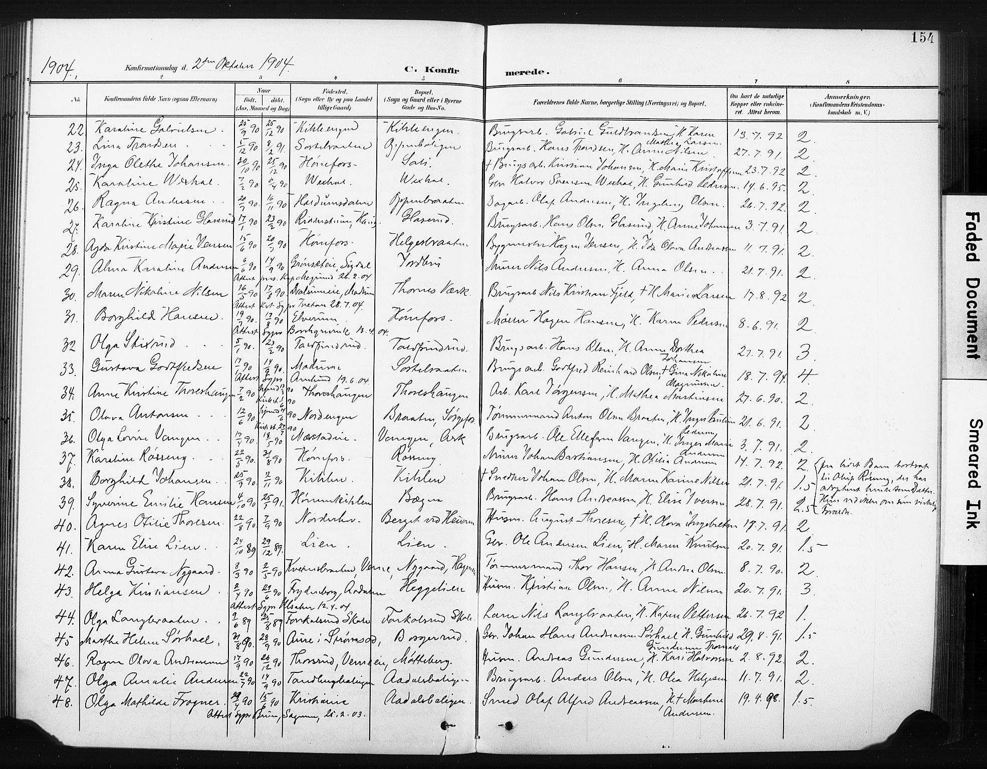 Hønefoss kirkebøker, AV/SAKO-A-609/F/Fa/L0003: Parish register (official) no. 3, 1900-1913, p. 154