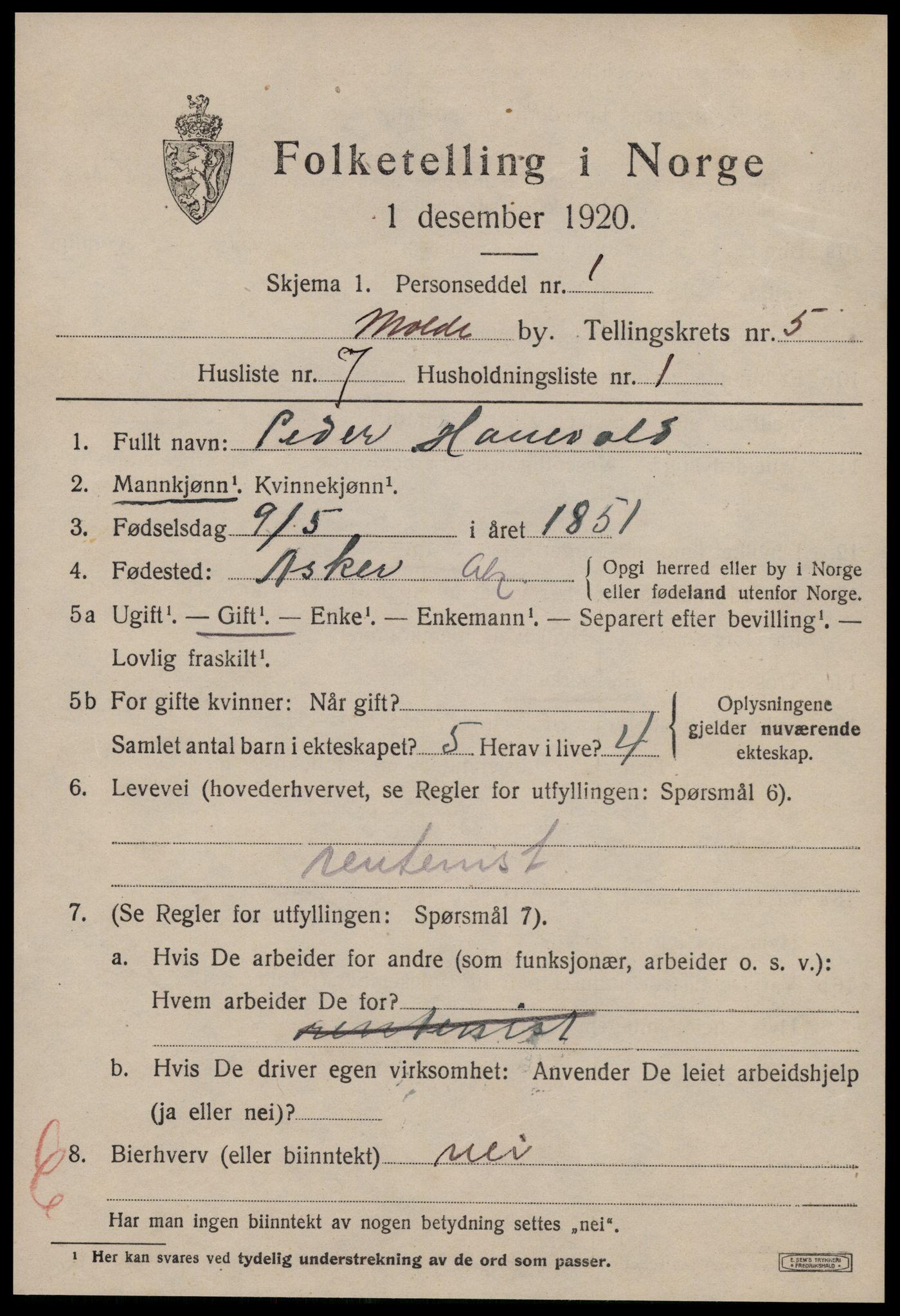 SAT, 1920 census for Molde, 1920, p. 6799