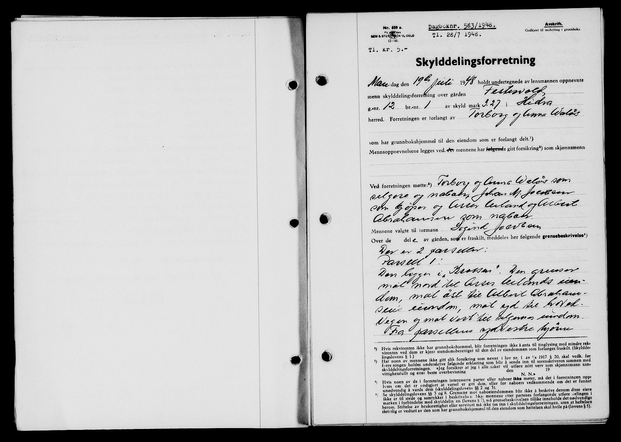 Flekkefjord sorenskriveri, SAK/1221-0001/G/Gb/Gba/L0064: Mortgage book no. A-12, 1948-1949, Diary no: : 583/1948