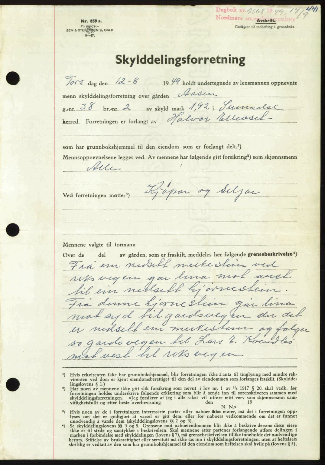 Nordmøre sorenskriveri, AV/SAT-A-4132/1/2/2Ca: Mortgage book no. A112, 1949-1949, Diary no: : 2568/1949