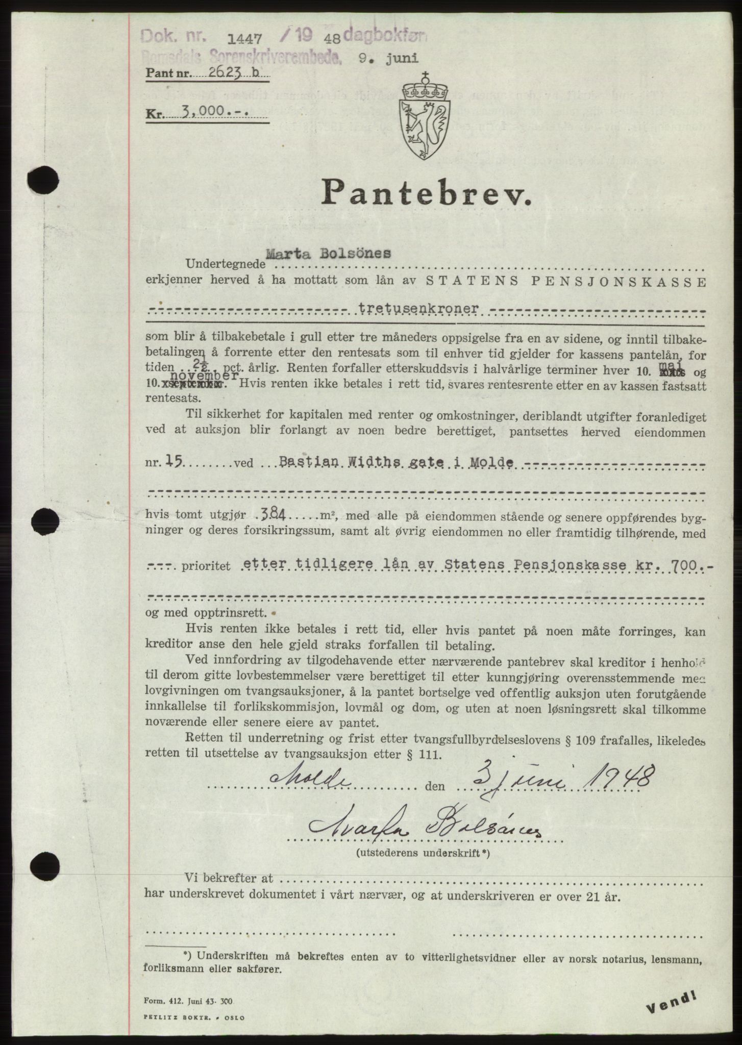 Romsdal sorenskriveri, AV/SAT-A-4149/1/2/2C: Mortgage book no. B4, 1948-1949, Diary no: : 1447/1948