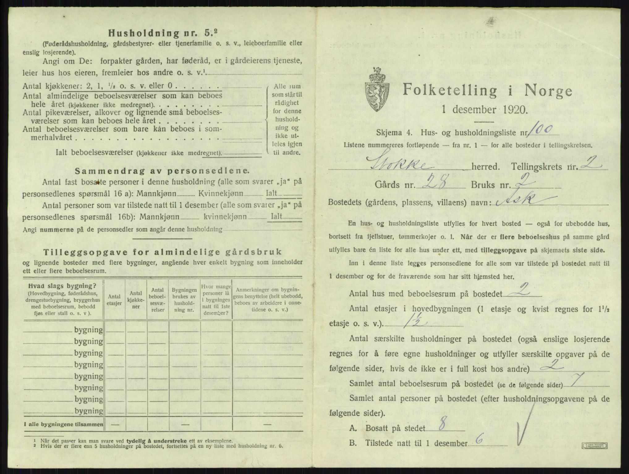 SAKO, 1920 census for Stokke, 1920, p. 466