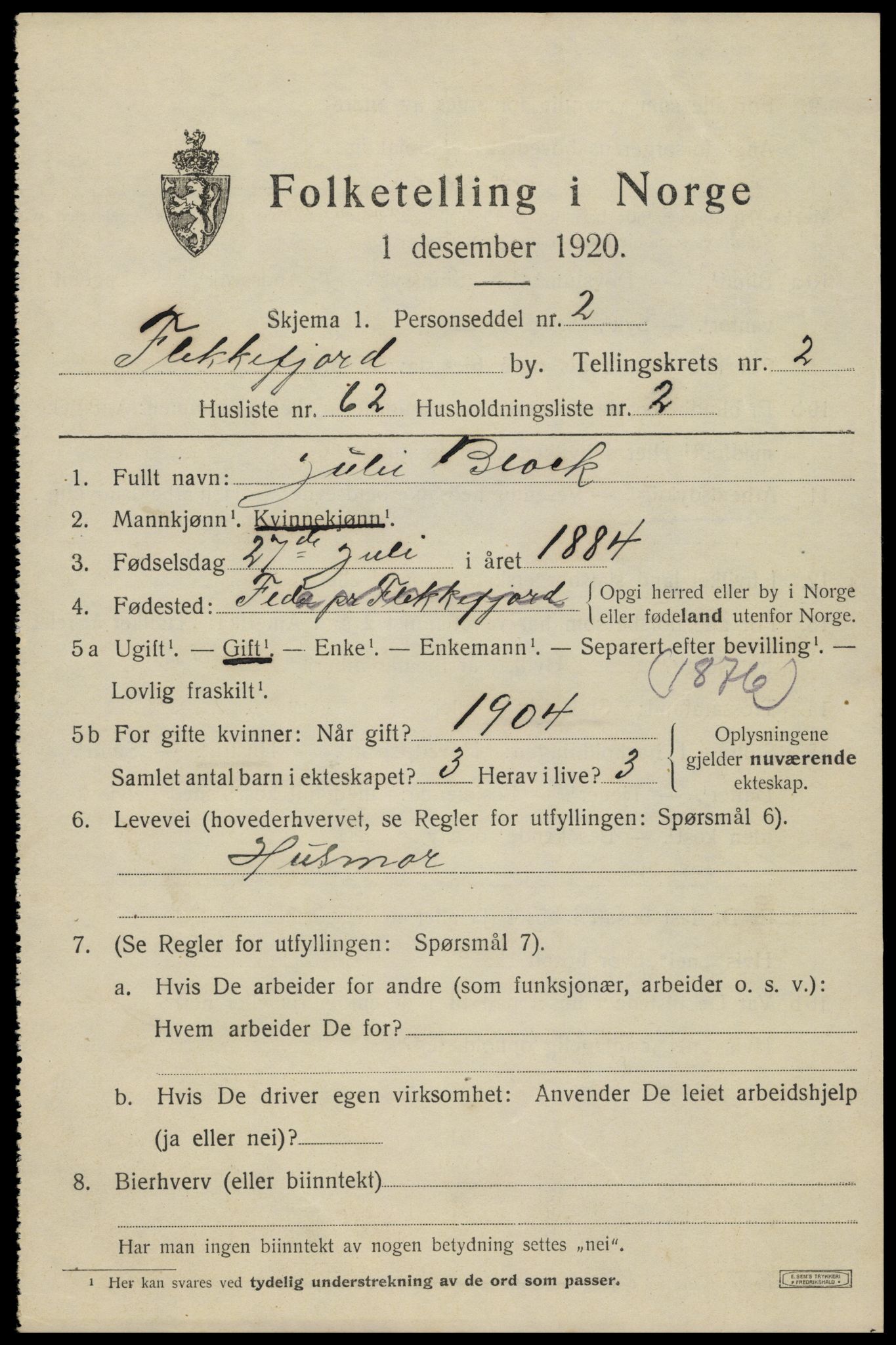 SAK, 1920 census for Flekkefjord, 1920, p. 3230