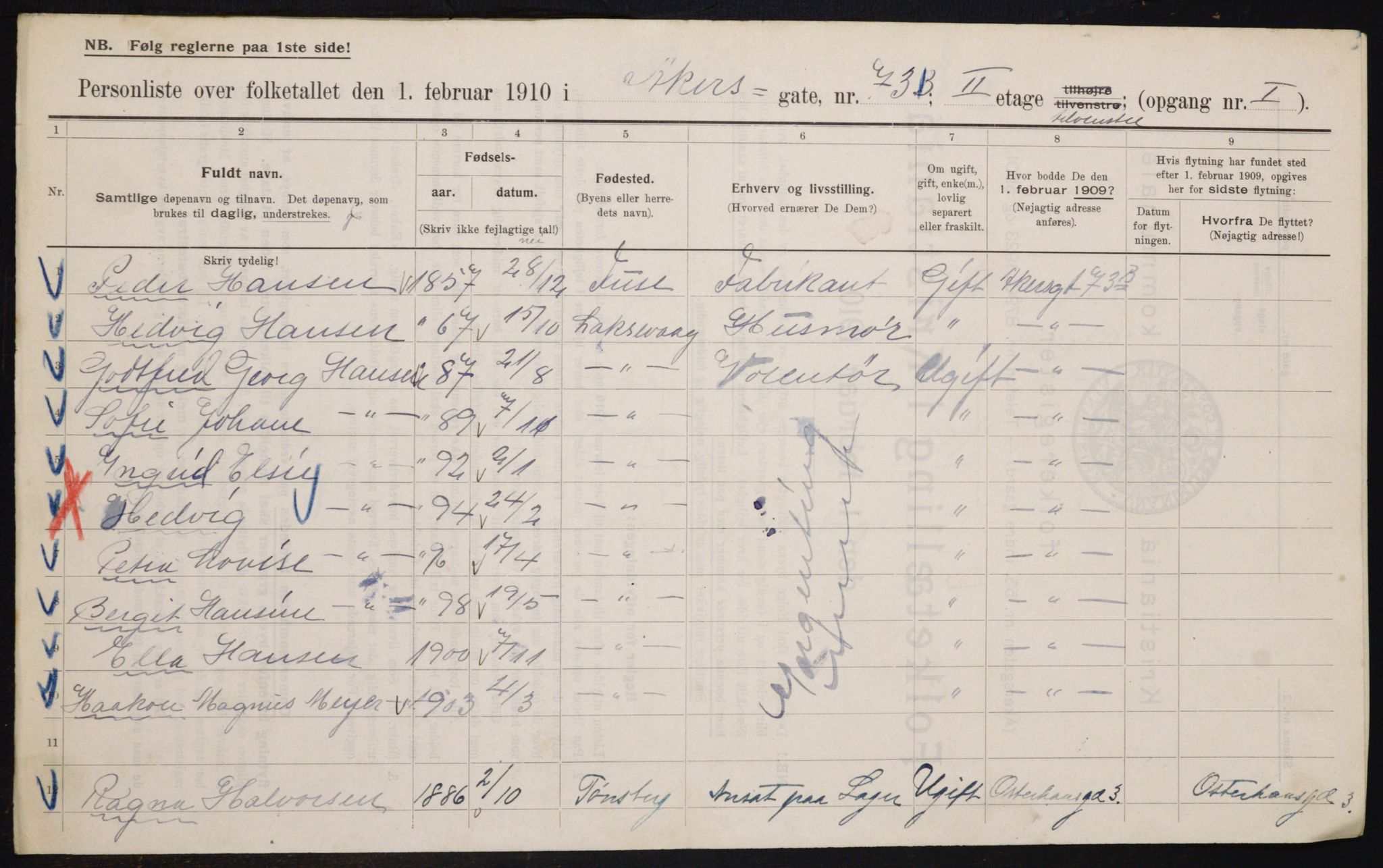 OBA, Municipal Census 1910 for Kristiania, 1910, p. 751