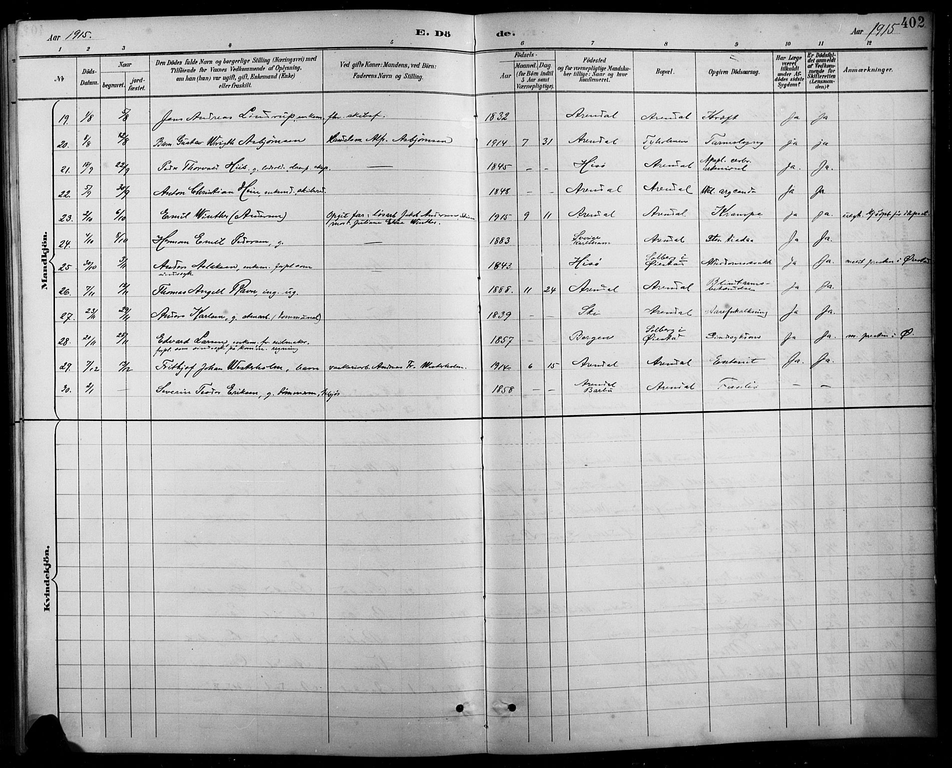 Arendal sokneprestkontor, Trefoldighet, SAK/1111-0040/F/Fb/L0006: Parish register (copy) no. B 6, 1889-1916, p. 402