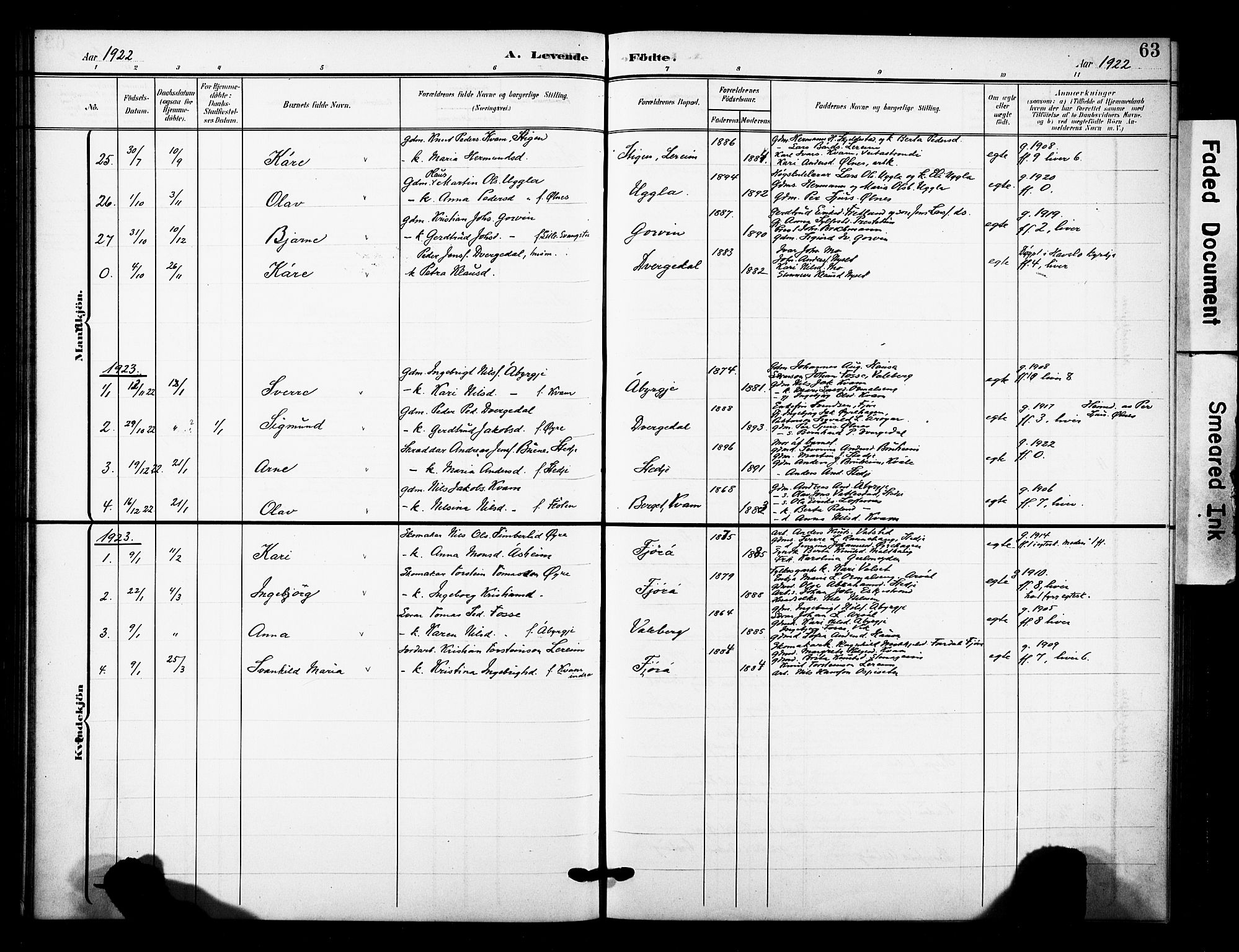 Sogndal sokneprestembete, AV/SAB-A-81301/H/Hab/Haba/L0002: Parish register (copy) no. A 2, 1908-1924, p. 63