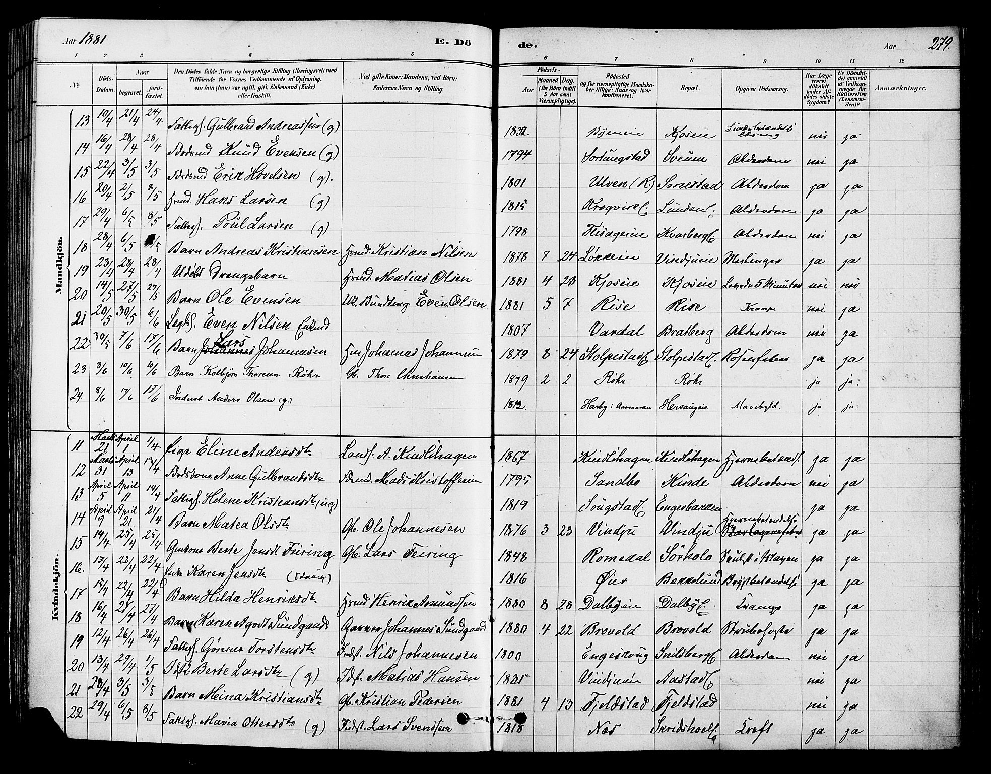 Ringsaker prestekontor, AV/SAH-PREST-014/K/Ka/L0012: Parish register (official) no. 12, 1879-1890, p. 279