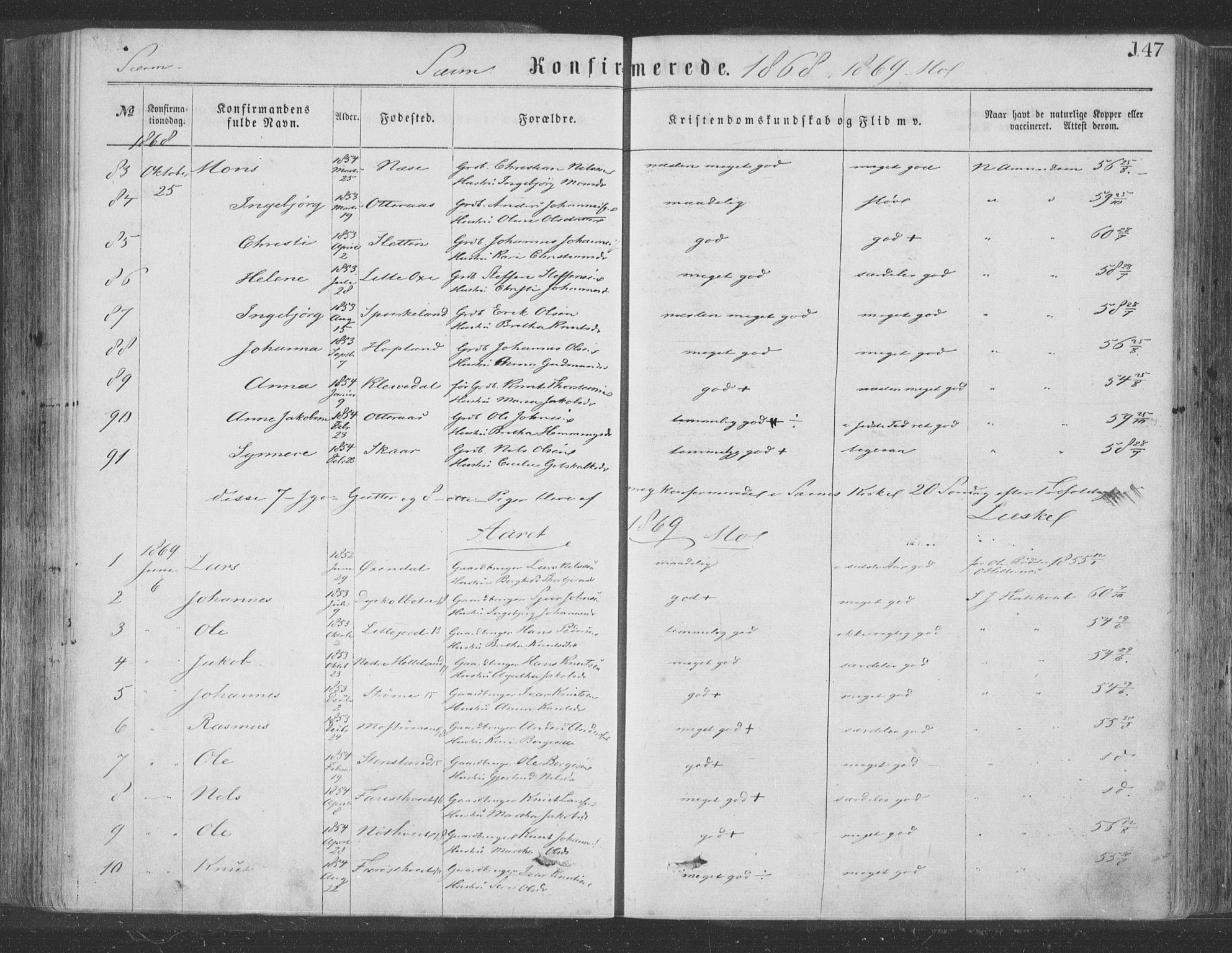 Hosanger sokneprestembete, SAB/A-75801/H/Haa: Parish register (official) no. A 9, 1864-1876, p. 147