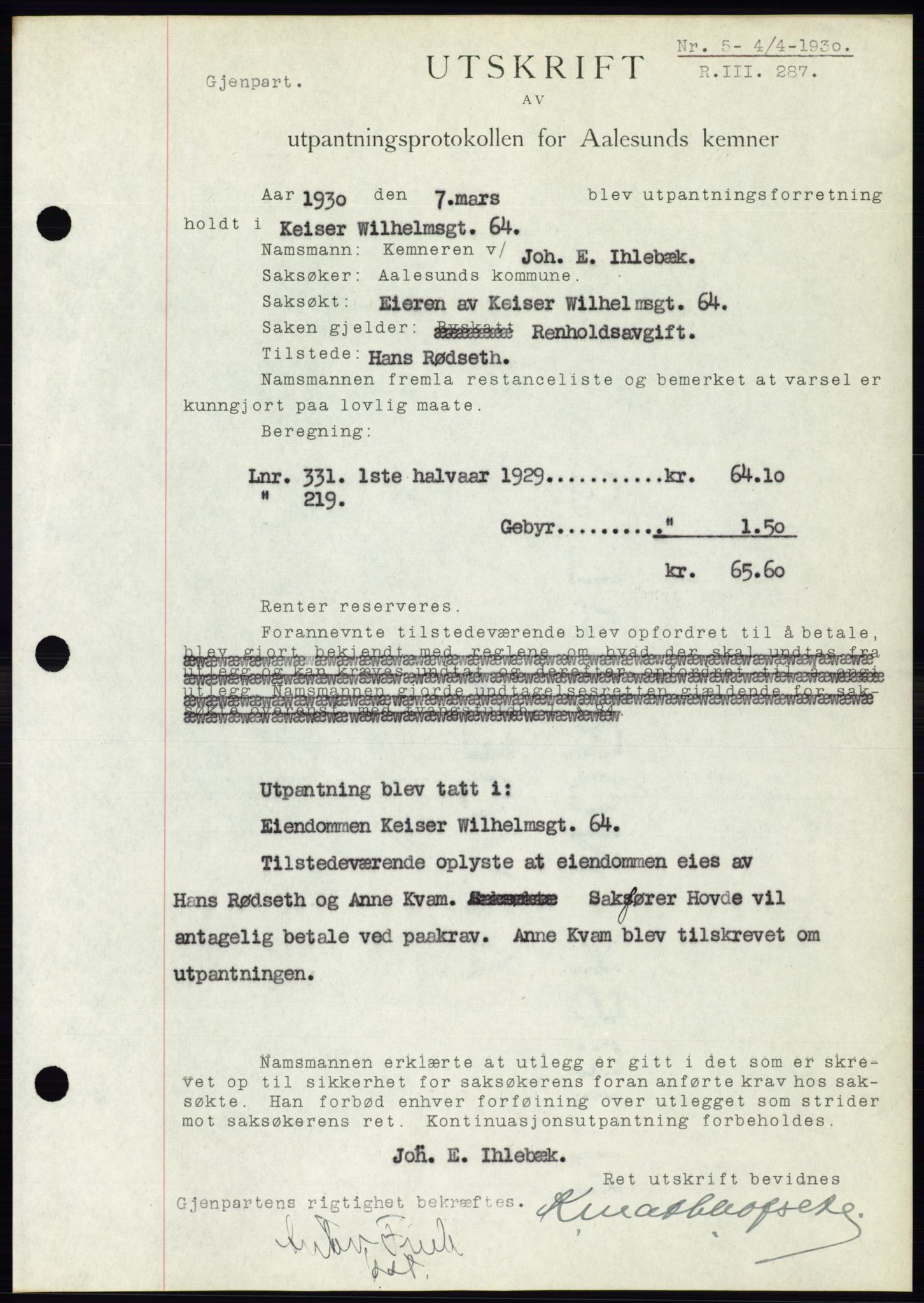 Ålesund byfogd, AV/SAT-A-4384: Mortgage book no. 26, 1930-1930, Deed date: 04.04.1930