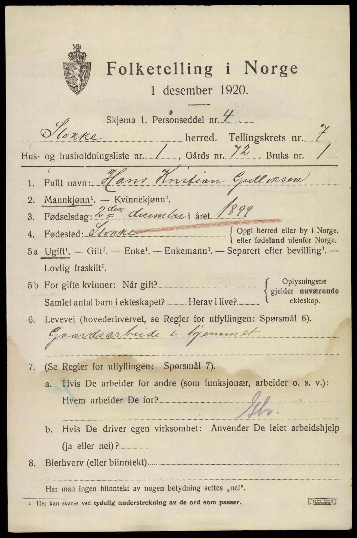 SAKO, 1920 census for Stokke, 1920, p. 7856