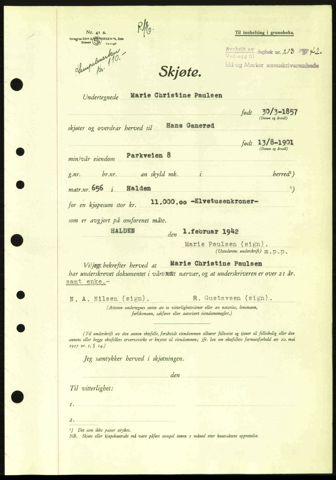 Idd og Marker sorenskriveri, AV/SAO-A-10283/G/Gb/Gbb/L0005: Mortgage book no. A5, 1941-1943, Diary no: : 213/1942