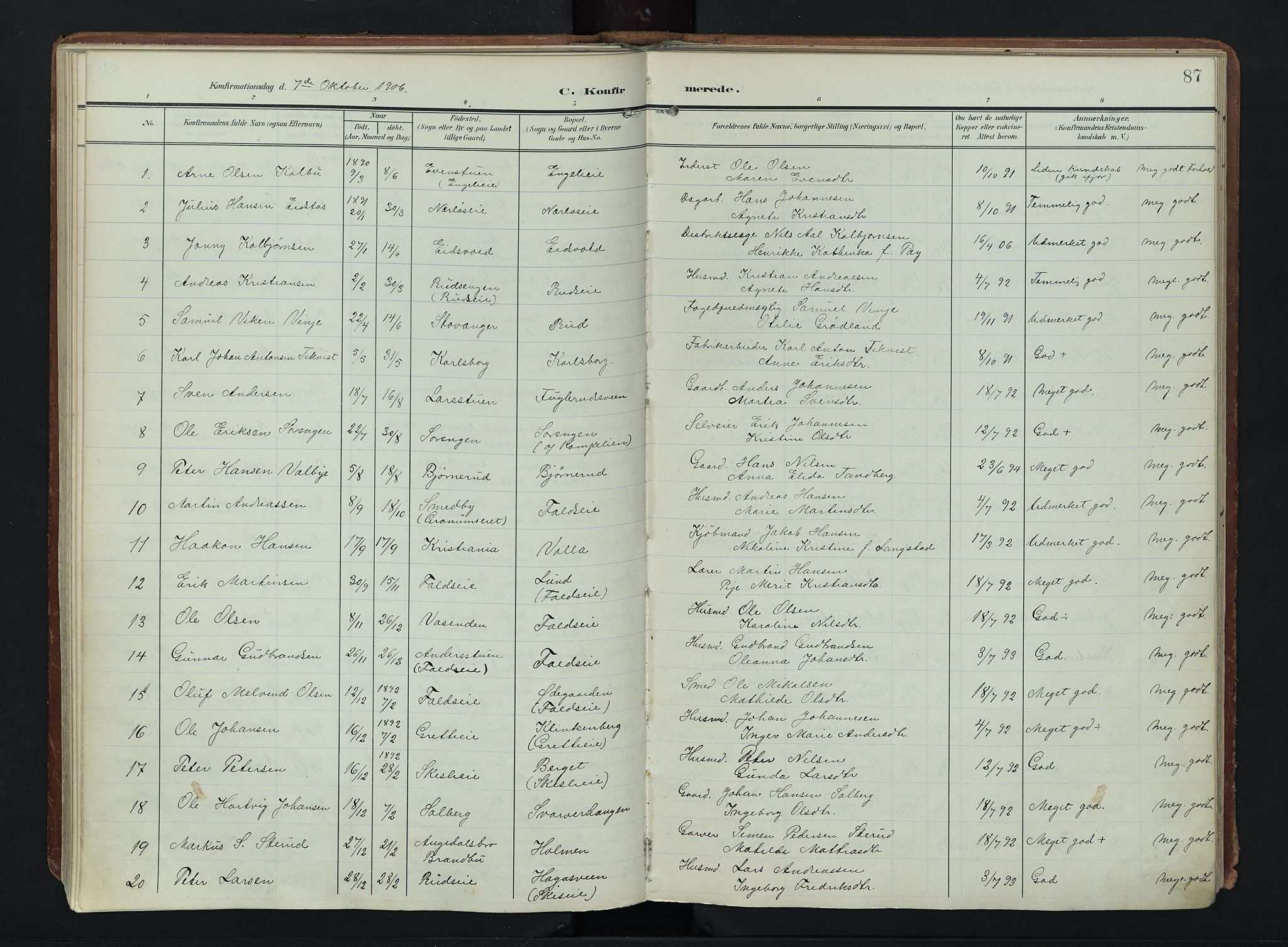 Søndre Land prestekontor, SAH/PREST-122/K/L0007: Parish register (official) no. 7, 1905-1914, p. 87