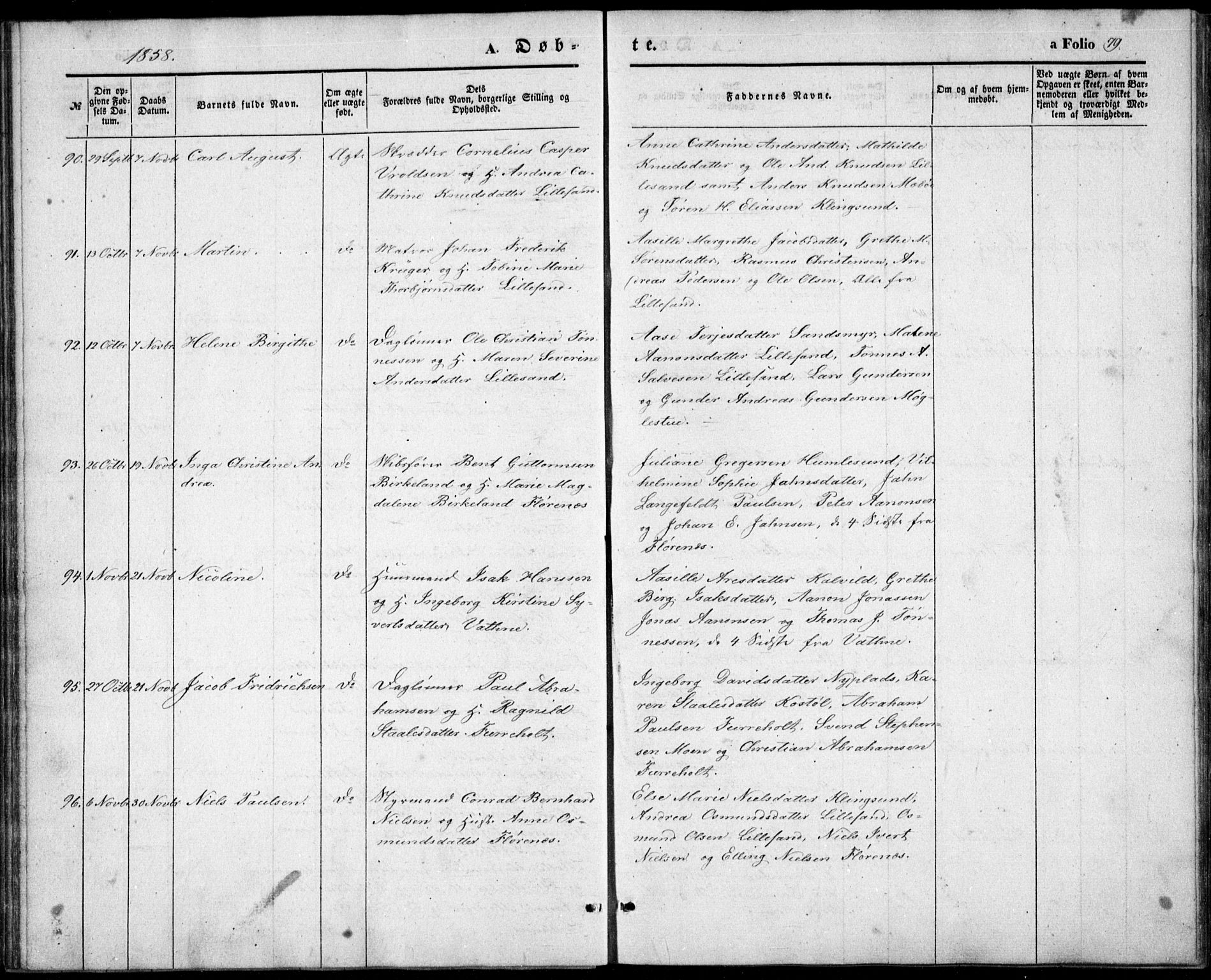 Vestre Moland sokneprestkontor, AV/SAK-1111-0046/F/Fb/Fbb/L0003: Parish register (copy) no. B 3, 1851-1861, p. 79