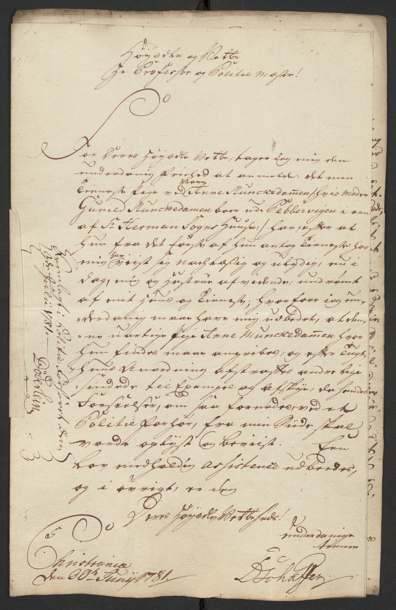 Oslo politidistrikt, AV/SAO-A-10085/D/Da/L0003: Innkomne brev, pro memoria m.v., 1781, p. 221