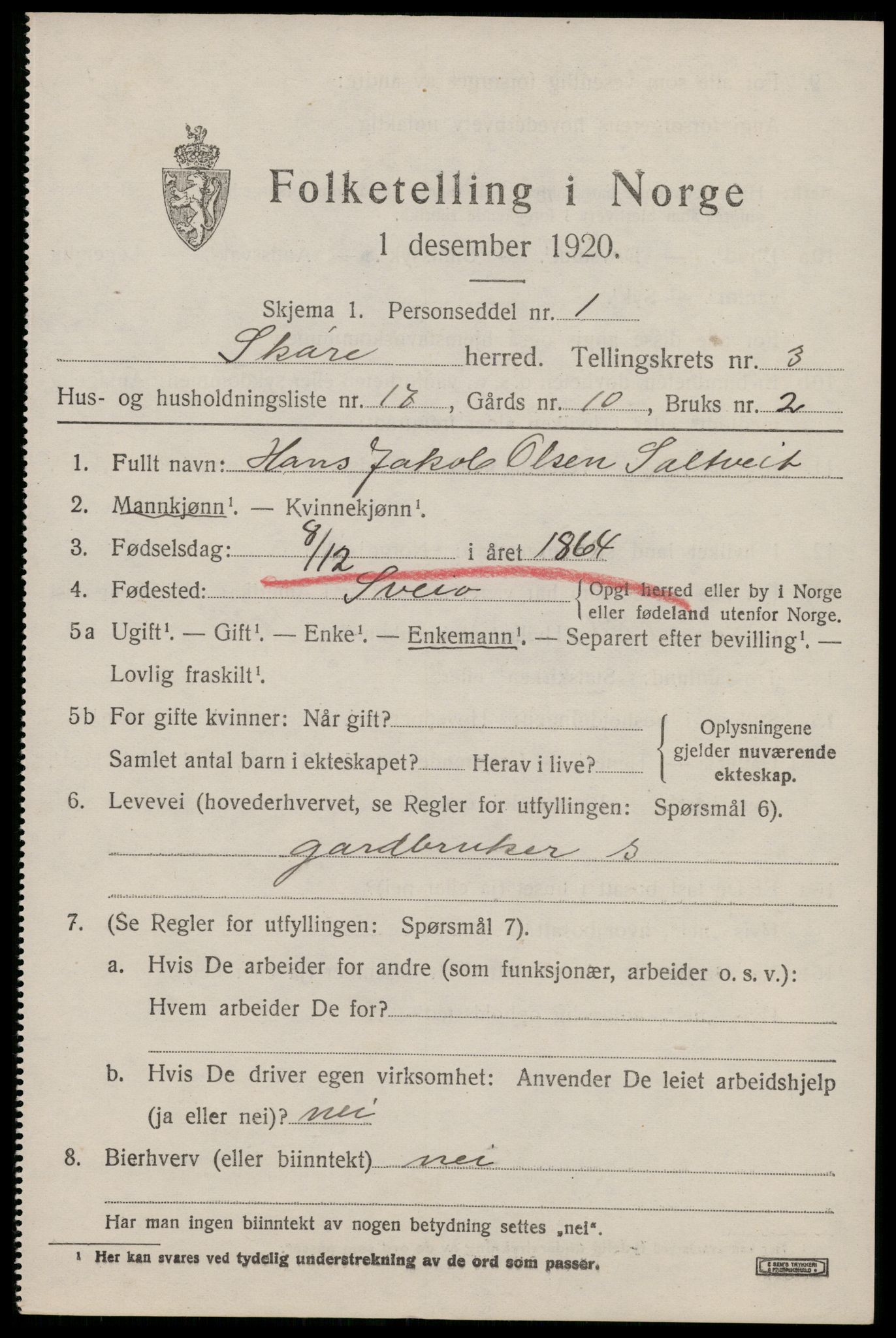 SAST, 1920 census for Skåre, 1920, p. 1804