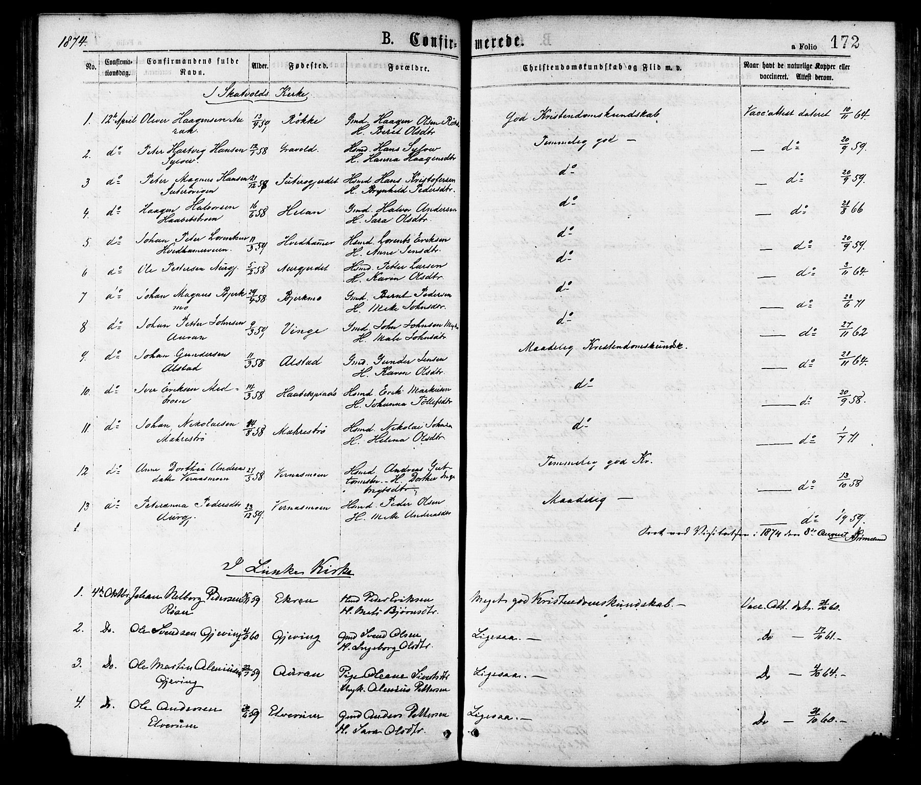Ministerialprotokoller, klokkerbøker og fødselsregistre - Nord-Trøndelag, SAT/A-1458/709/L0076: Parish register (official) no. 709A16, 1871-1879, p. 172