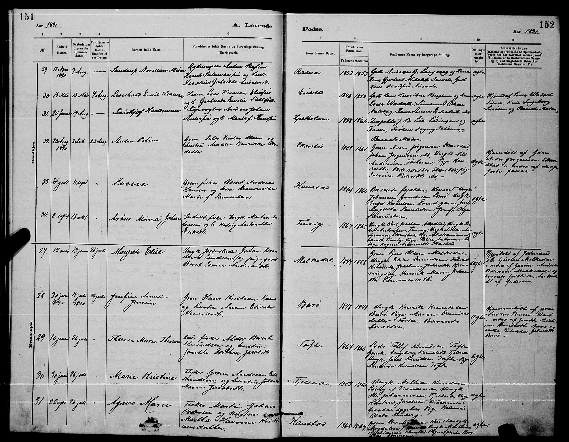 Ministerialprotokoller, klokkerbøker og fødselsregistre - Nordland, AV/SAT-A-1459/872/L1047: Parish register (copy) no. 872C03, 1880-1897, p. 151-152