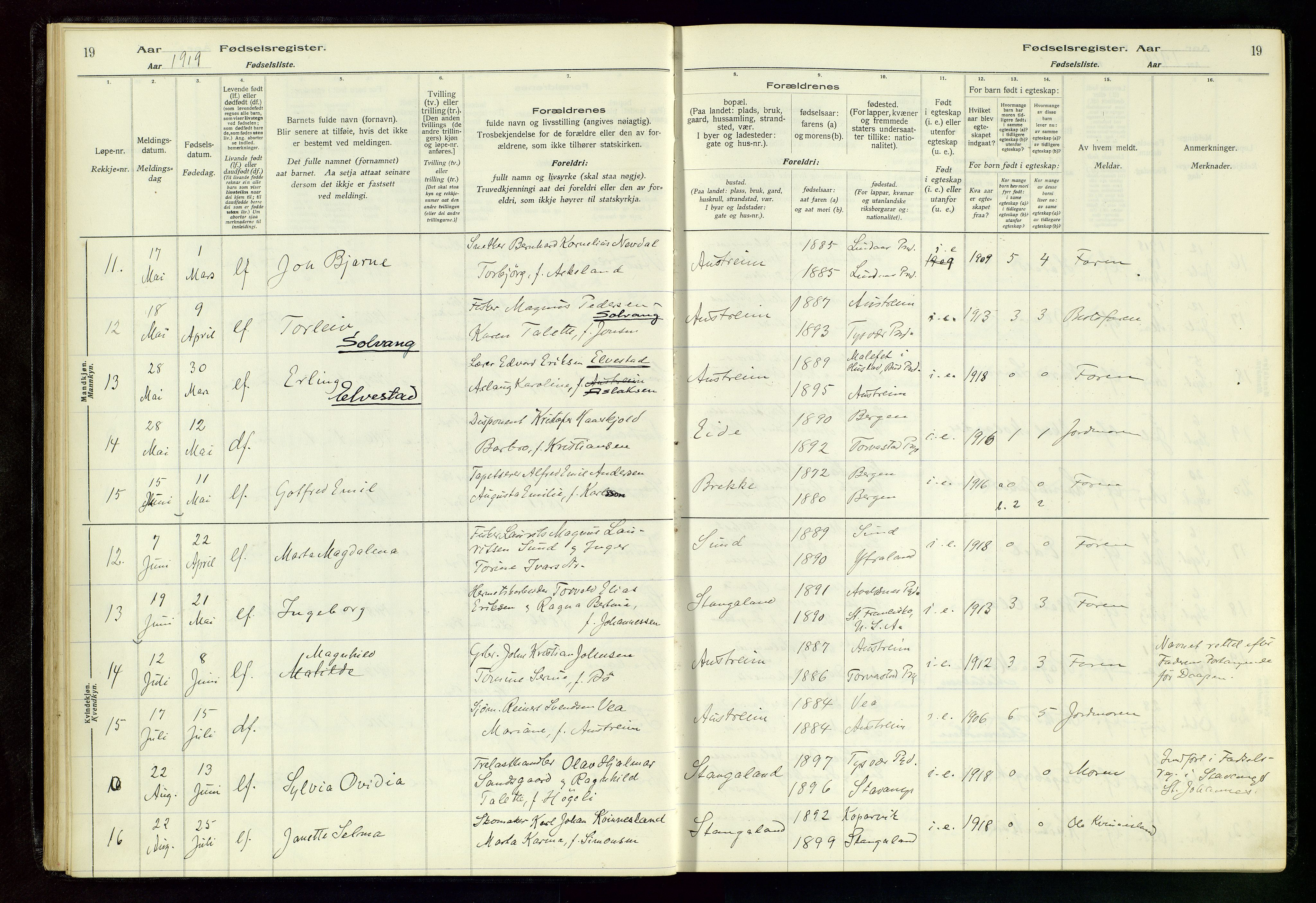 Kopervik sokneprestkontor, AV/SAST-A-101850/I/Id/L0004: Birth register no. 4, 1916-1958, p. 19