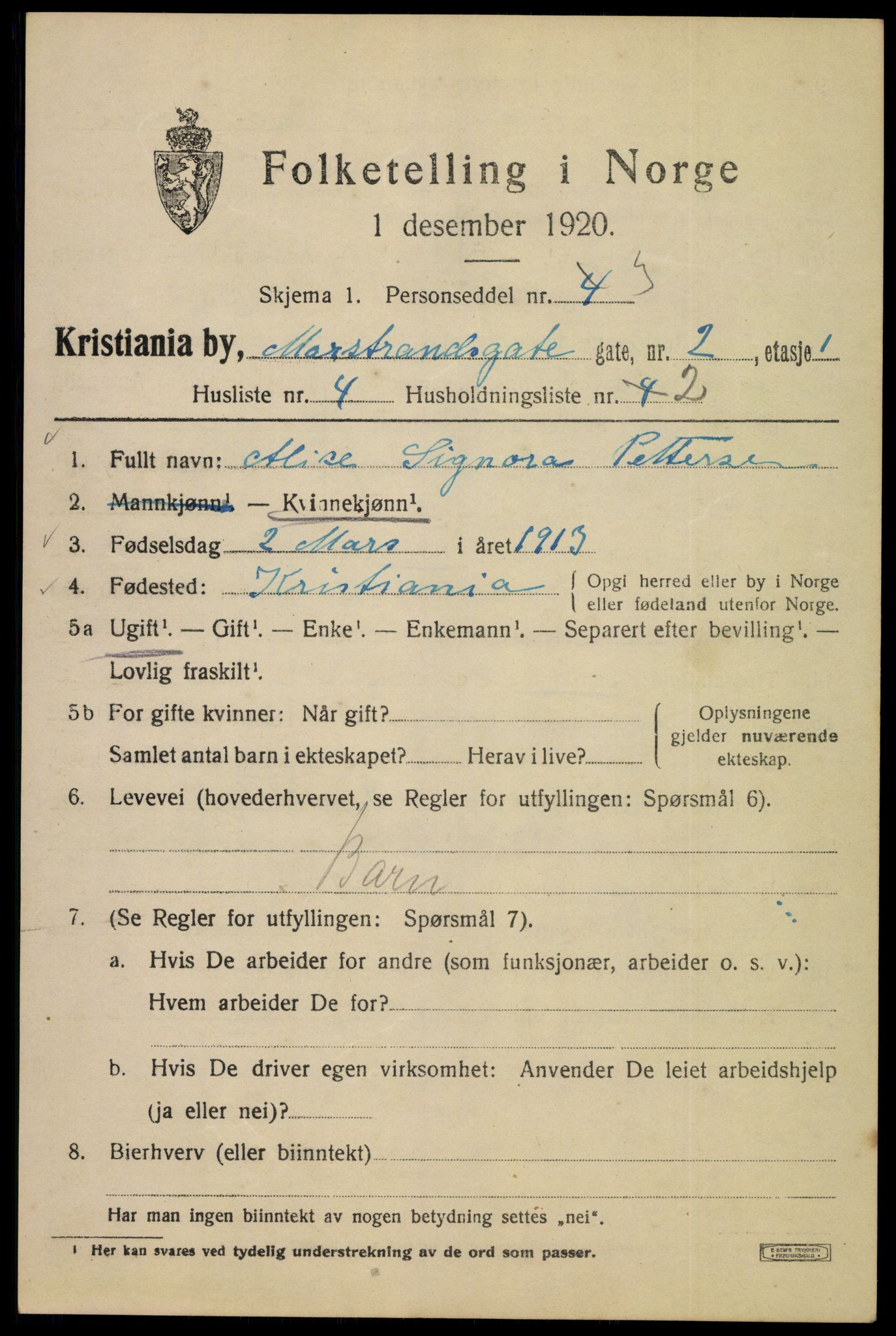 SAO, 1920 census for Kristiania, 1920, p. 392163